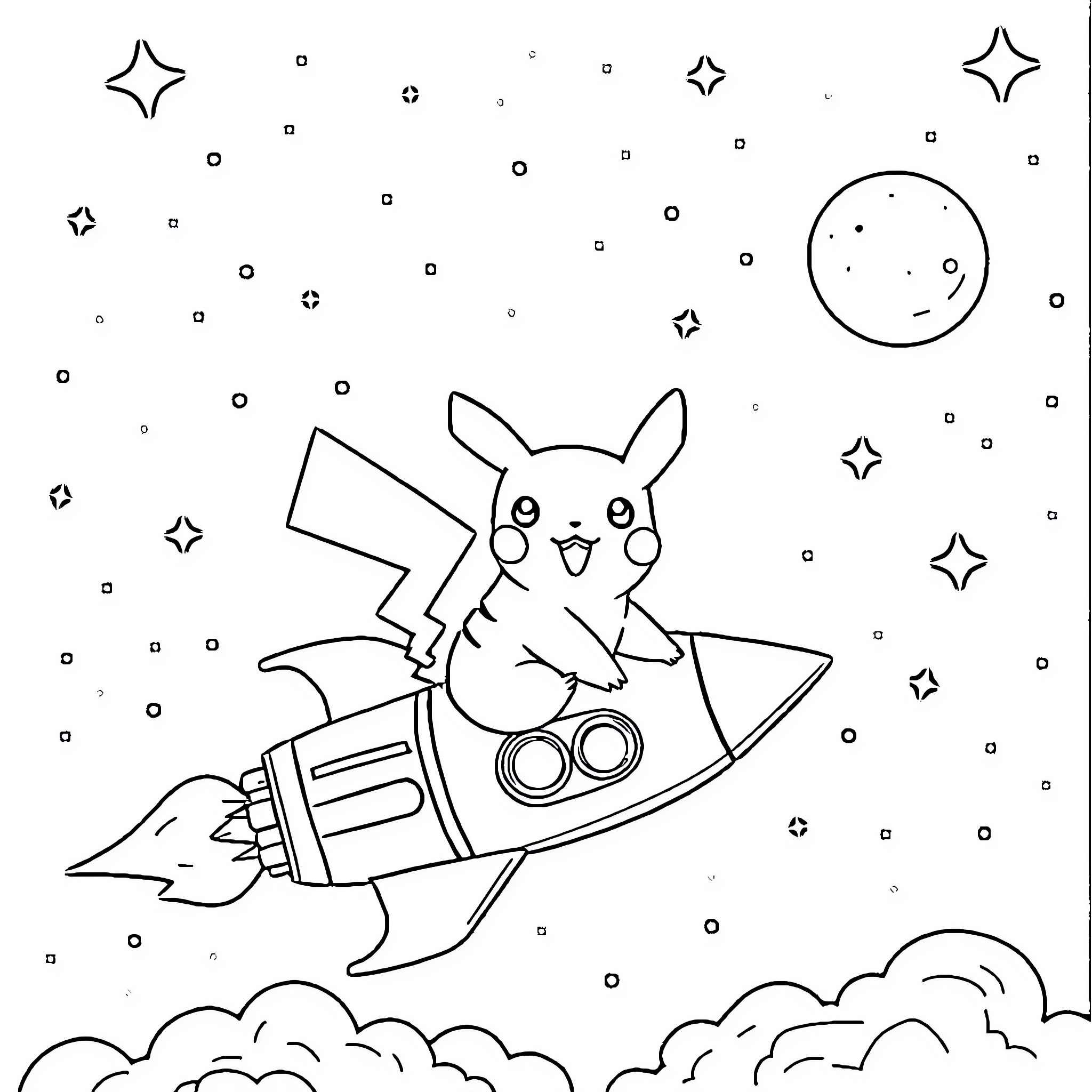 Pikachu riding a rocket ship in the starry sky Coloring Page (free black-and-white line drawing printable PDF for all, from beginners to advanced learners, including children, teens, adults, and seniors)