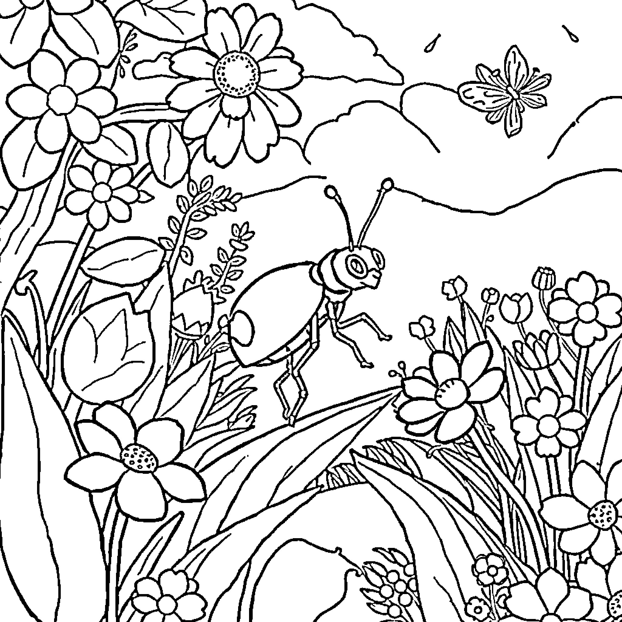 Bug exploring the floral garden Coloring Page (free black-and-white line drawing printable PDF for all, from beginners to advanced learners, including children, teens, adults, and seniors)