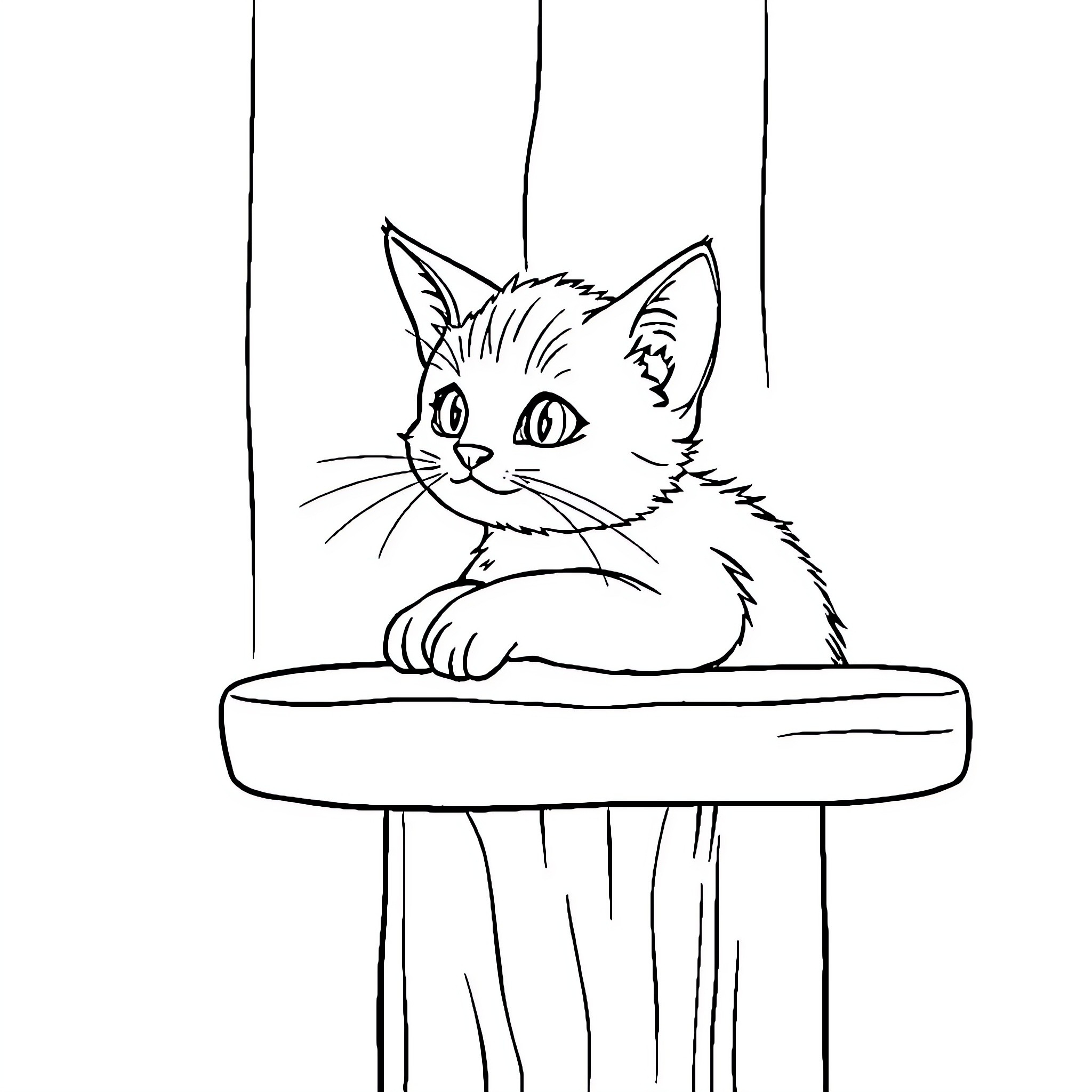 Cat resting on a perch Coloring Page (free black-and-white line drawing printable PDF for all, from beginners to advanced learners, including children, teens, adults, and seniors)