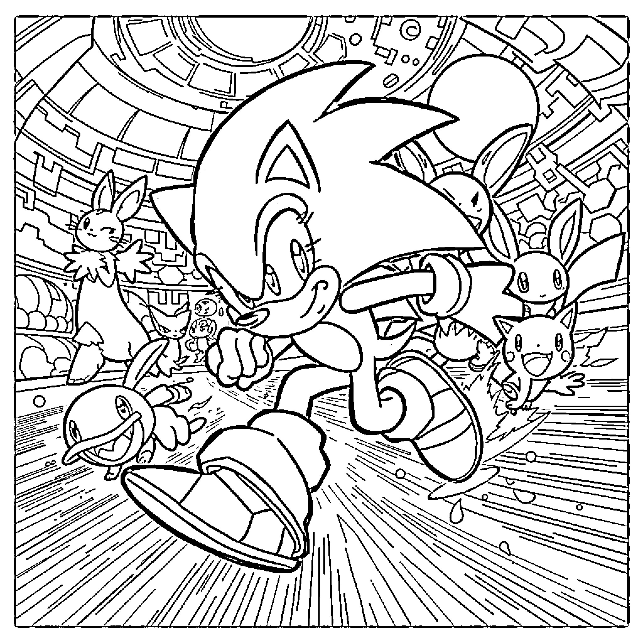 Sonic's Adventurous Journey through the Fantastical Realm Coloring Page (free black-and-white line drawing printable PDF for all, from beginners to advanced learners, including children, teens, adults, and seniors)