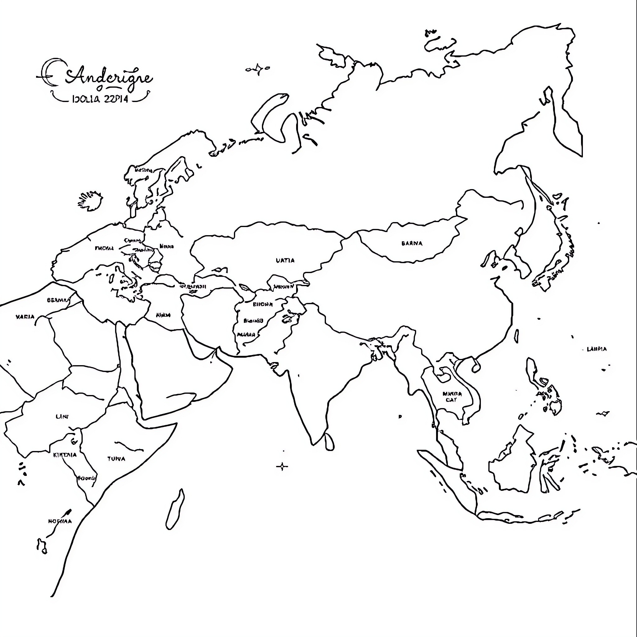 Asia continent outline with country borders Coloring Page (free black-and-white line drawing printable PDF for all, from beginners to advanced learners, including children, teens, adults, and seniors)