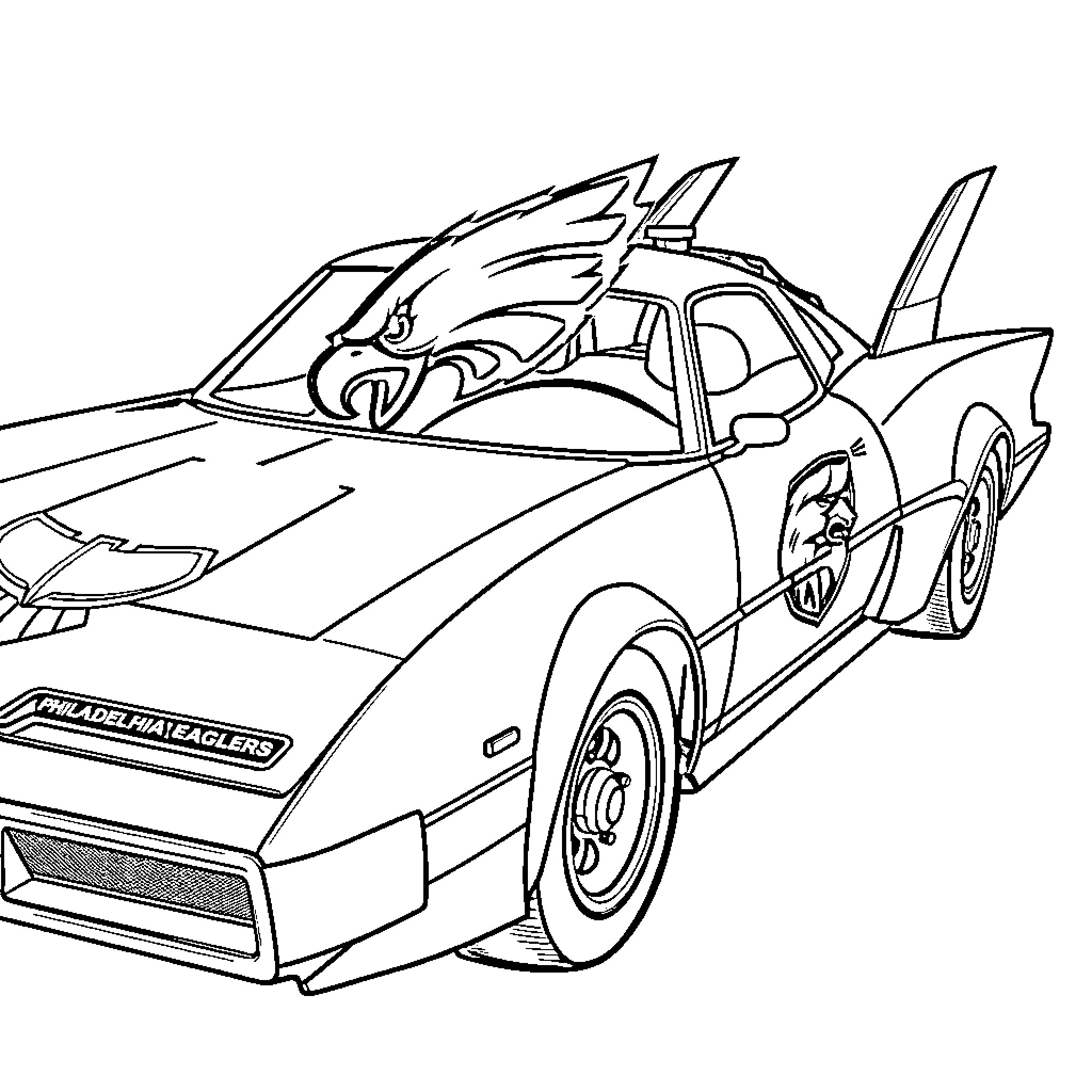 Philadelphia Eagles Futuristic Race Car Coloring Page (free black-and-white line drawing printable PDF for all, from beginners to advanced learners, including children, teens, adults, and seniors)