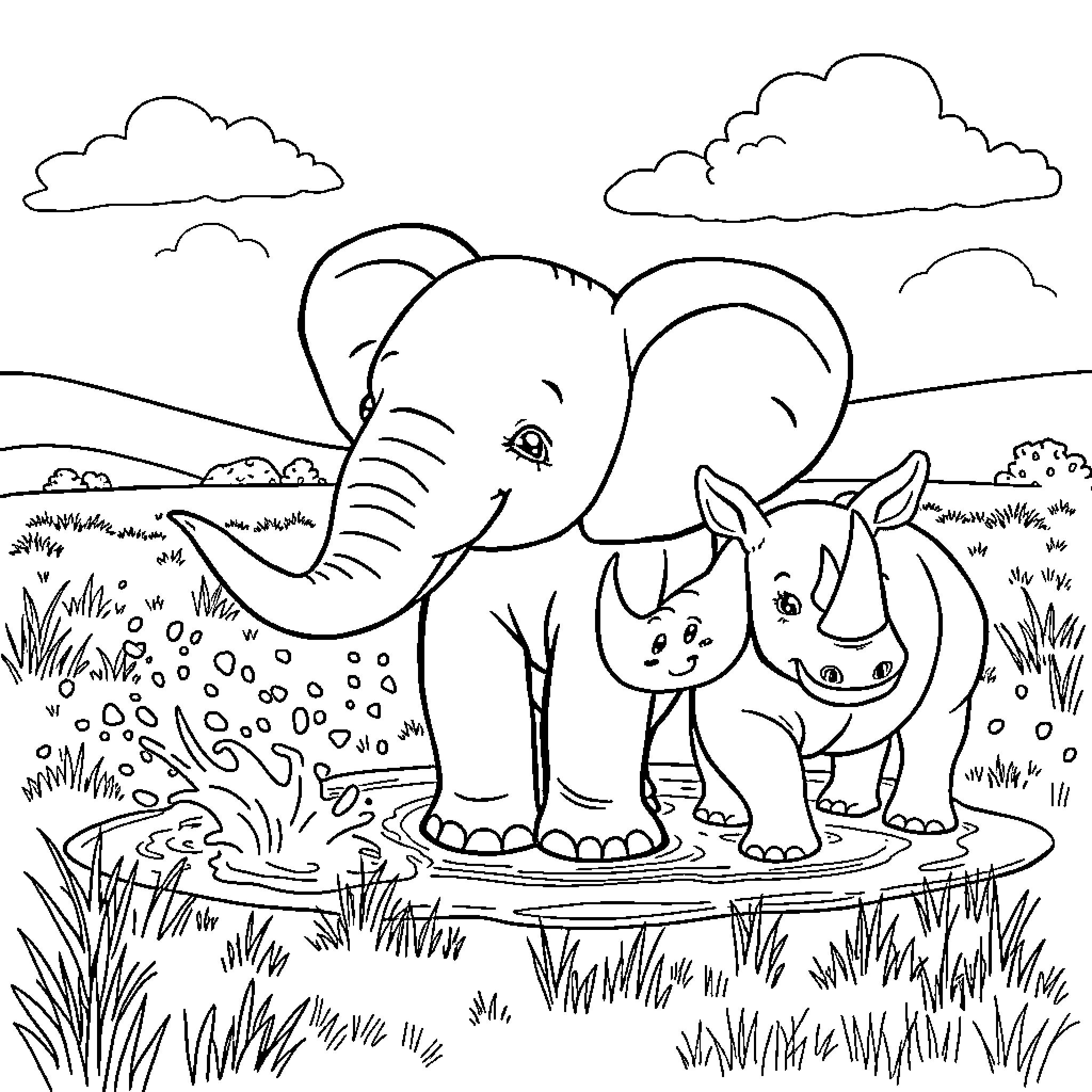 Elephant enjoying outdoor adventure with animal friends Coloring Page (free black-and-white line drawing printable PDF for all, from beginners to advanced learners, including children, teens, adults, and seniors)