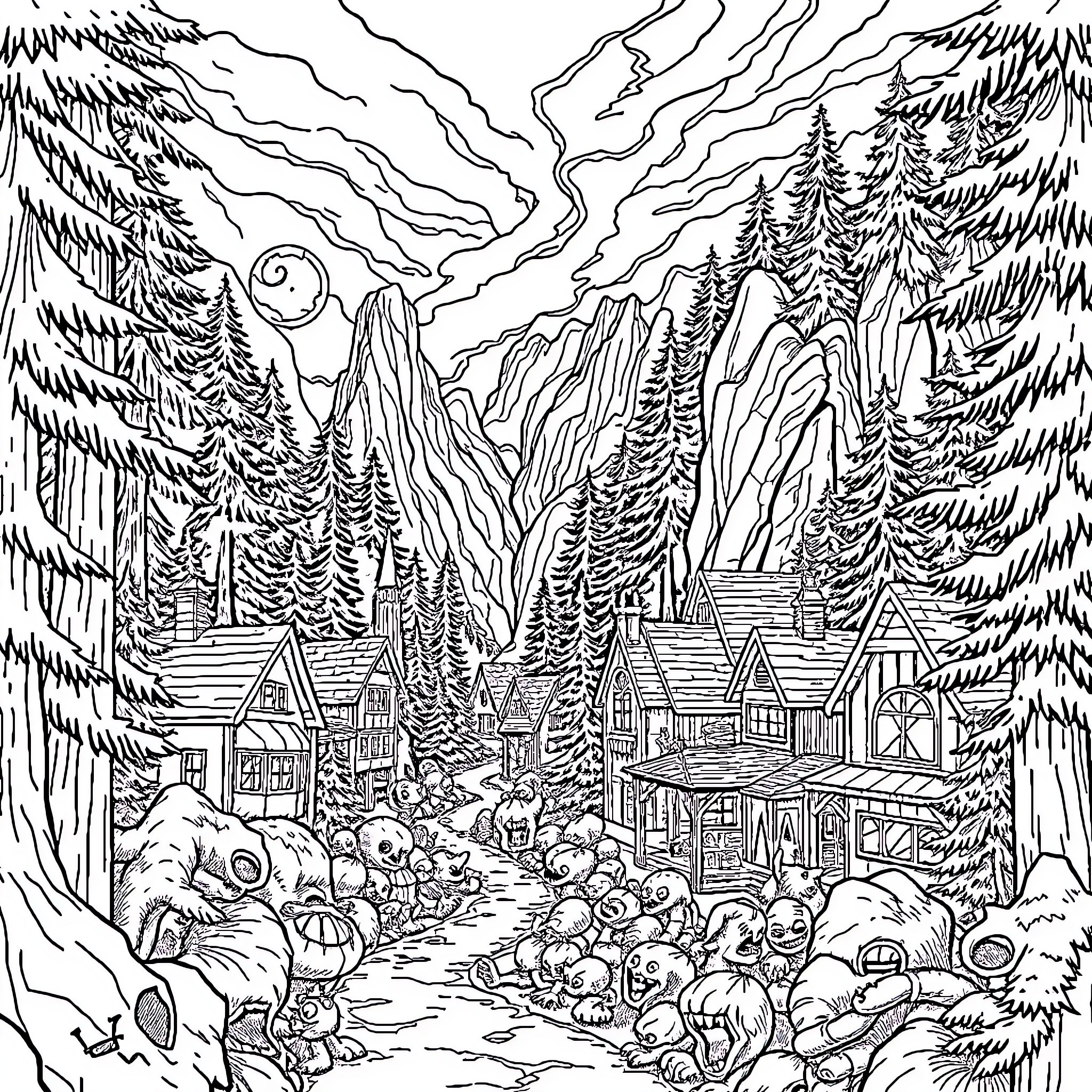 Gravity Falls scenic landscape with townspeople and creatures Coloring Page (free black-and-white line drawing printable PDF for all, from beginners to advanced learners, including children, teens, adults, and seniors)