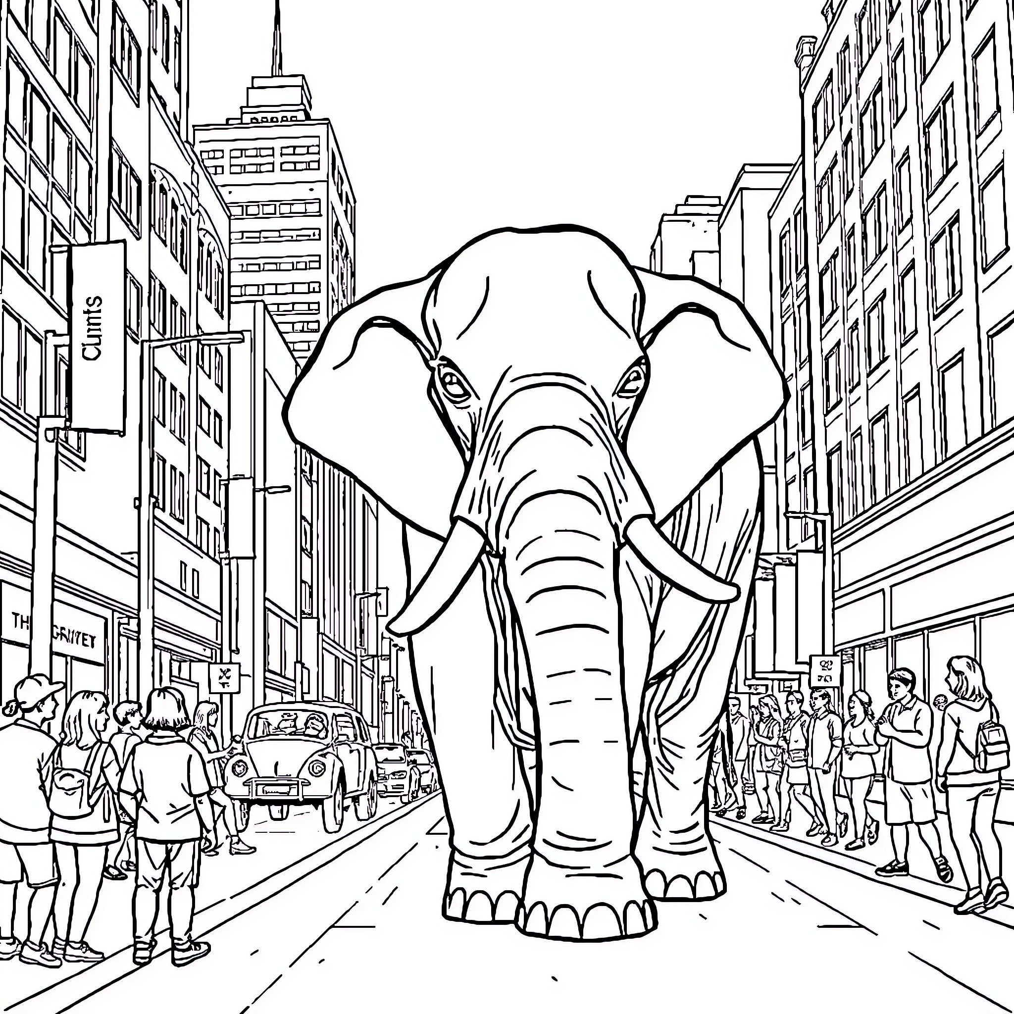 Elephant on a city street Coloring Page (free black-and-white line drawing printable PDF for all, from beginners to advanced learners, including children, teens, adults, and seniors)
