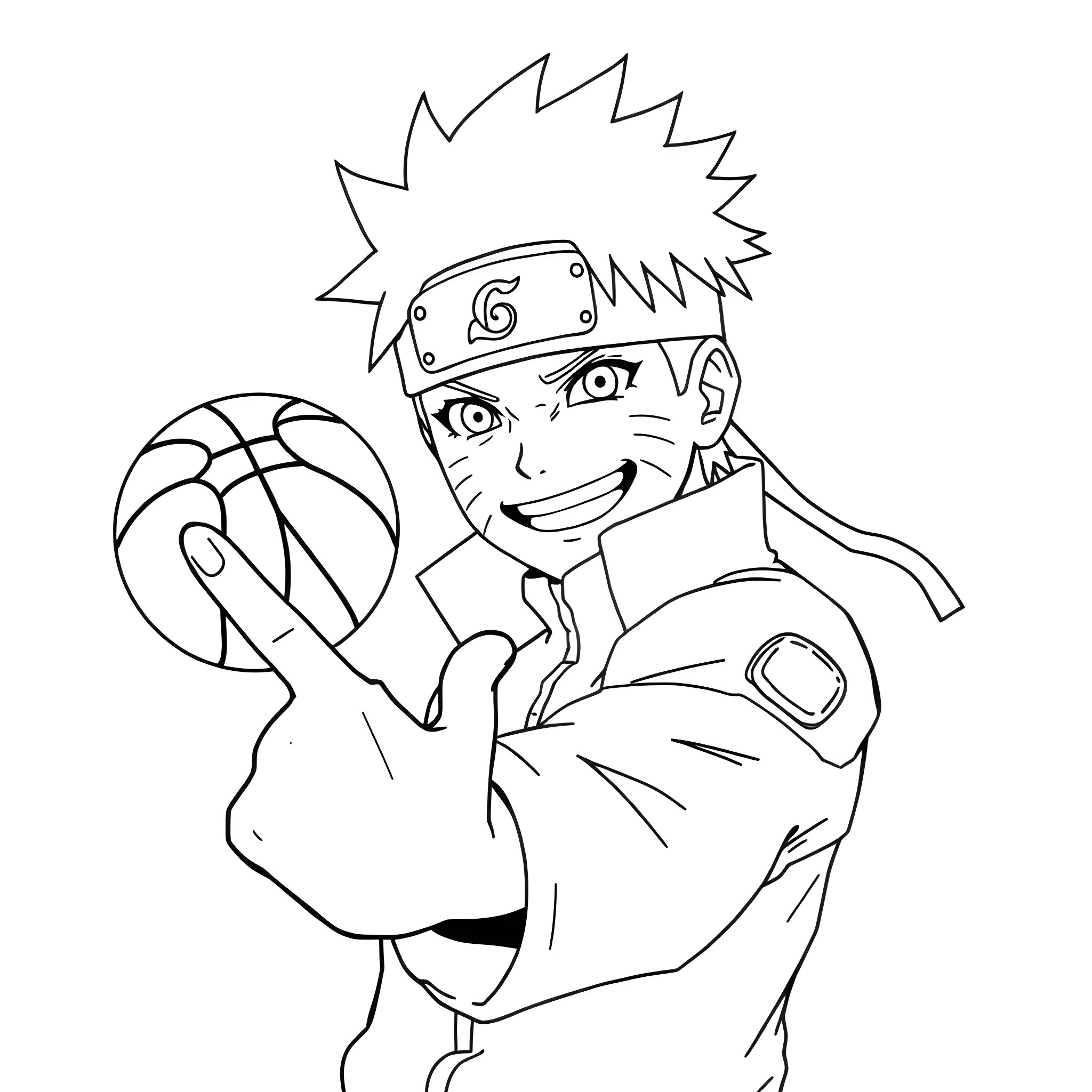 Naruto Uzumaki playing basketball with a spirited expression Coloring Page (free black-and-white line drawing printable PDF for all, from beginners to advanced learners, including children, teens, adults, and seniors)