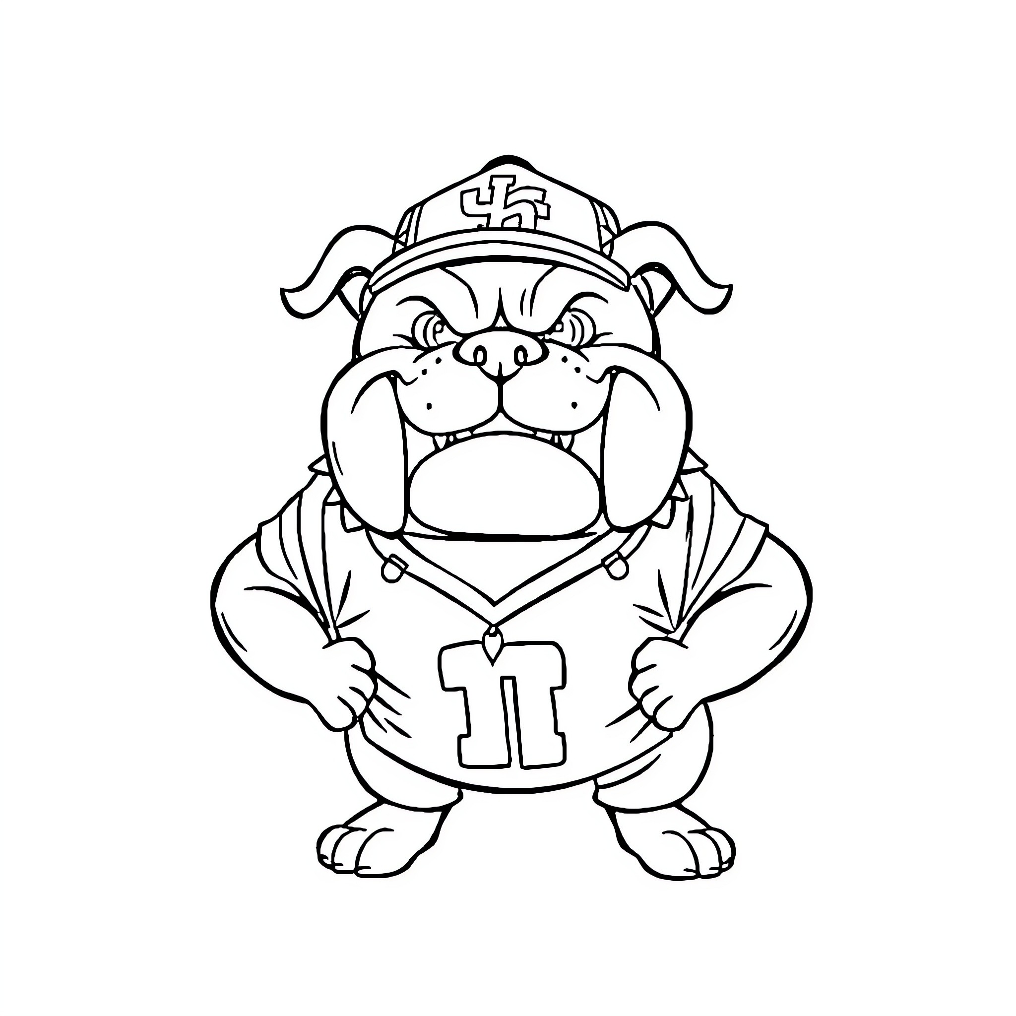 Bulldog mascot wearing a uniform Coloring Page (free black-and-white line drawing printable PDF for all, from beginners to advanced learners, including children, teens, adults, and seniors)