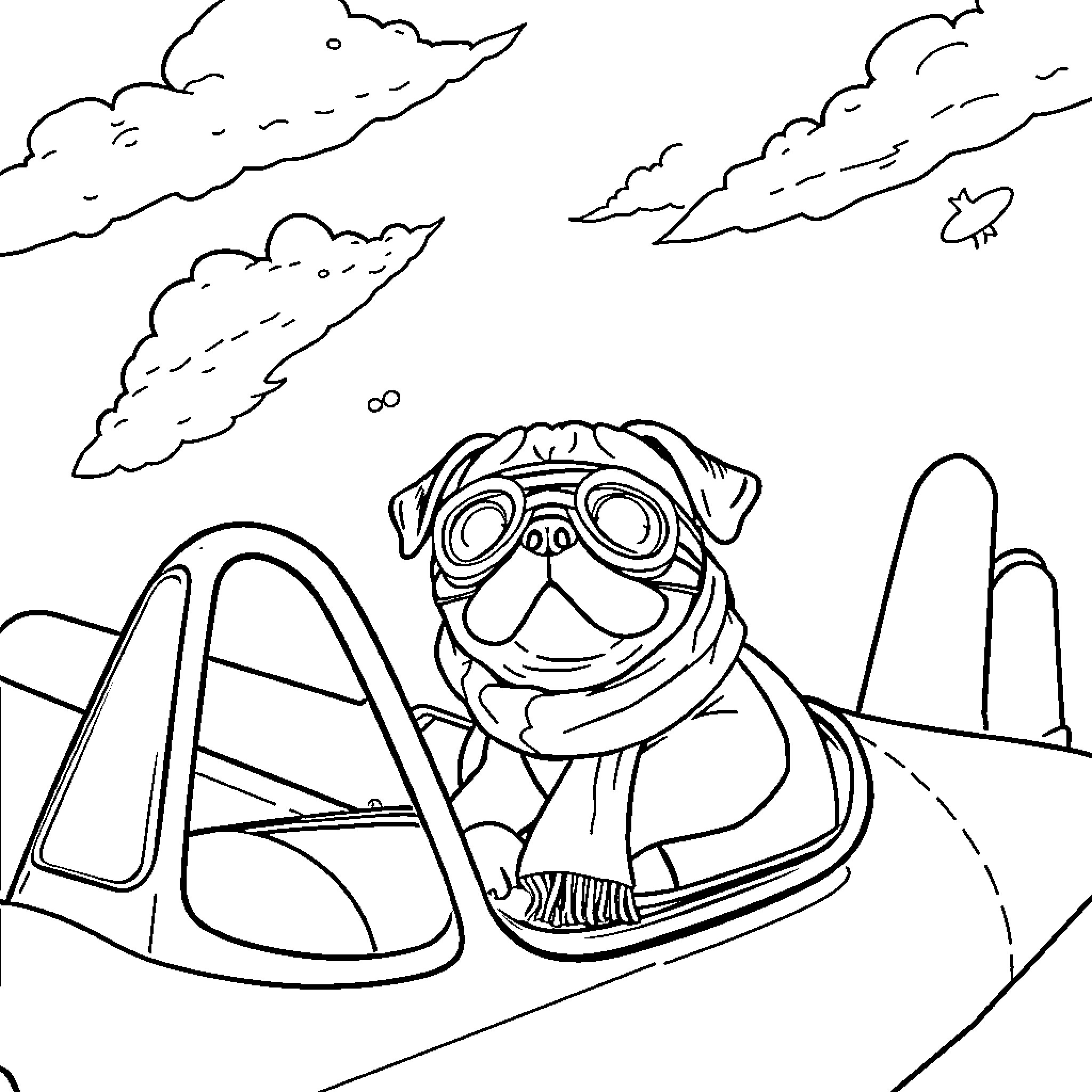 Pug pilot flying small airplane in the sky Coloring Page (free black-and-white line drawing printable PDF for all, from beginners to advanced learners, including children, teens, adults, and seniors)