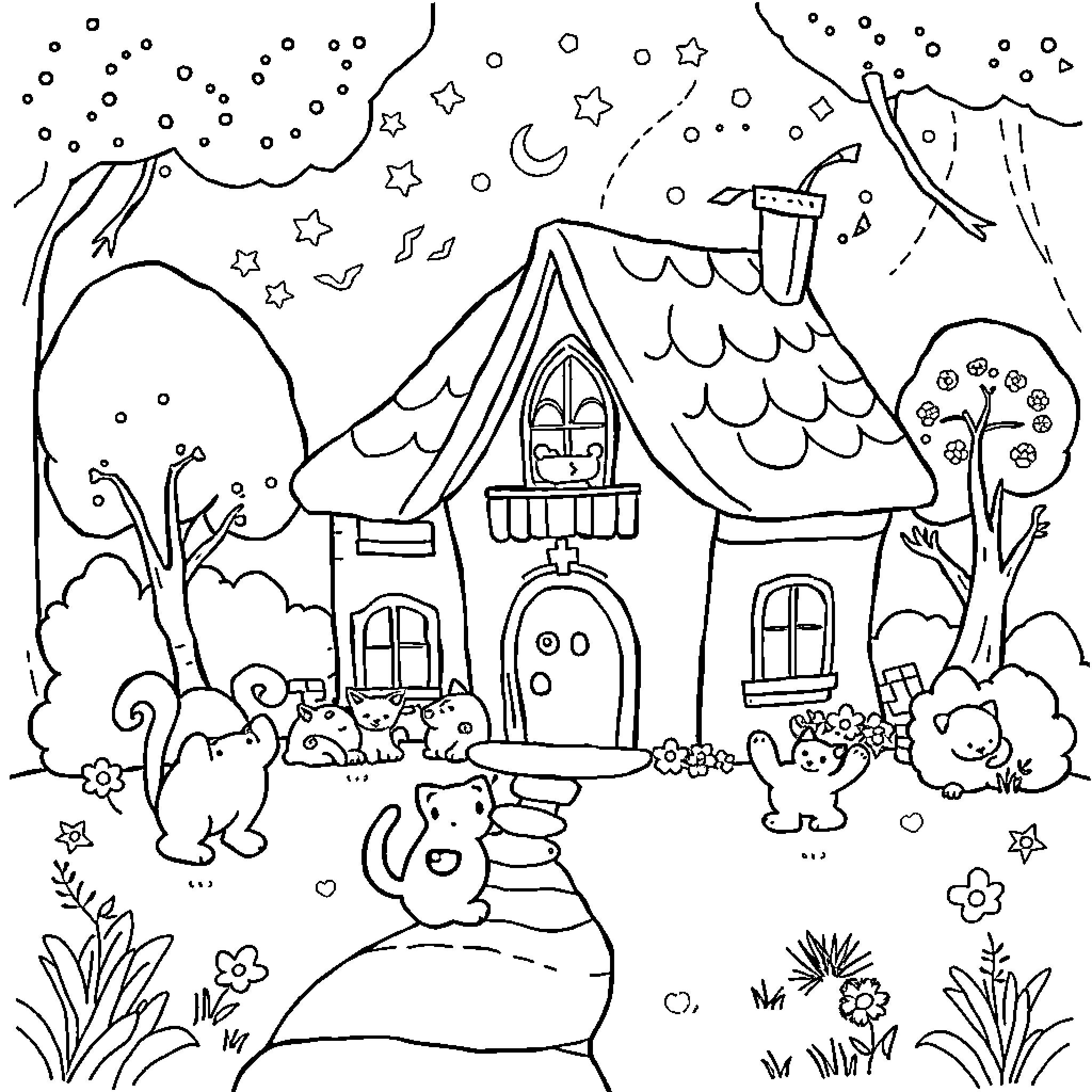 Gabby's Enchanted Cottage in the Starry Night Coloring Page (free black-and-white line drawing printable PDF for all, from beginners to advanced learners, including children, teens, adults, and seniors)