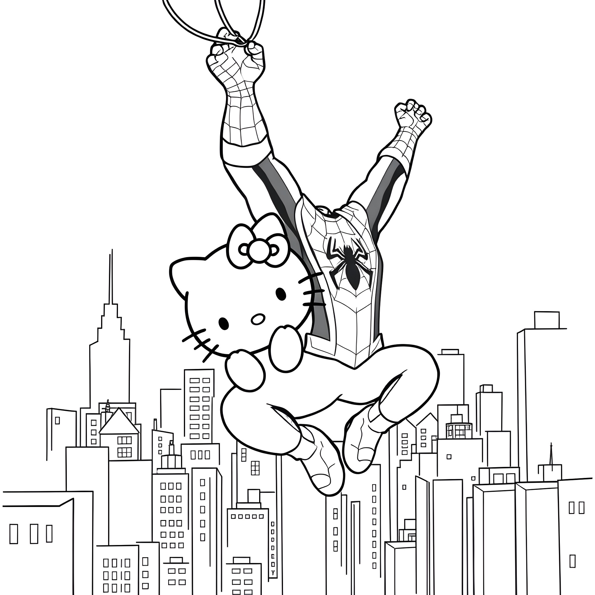 Hello Kitty swinging through the city skyline Coloring Page (free black-and-white line drawing printable PDF for all, from beginners to advanced learners, including children, teens, adults, and seniors)
