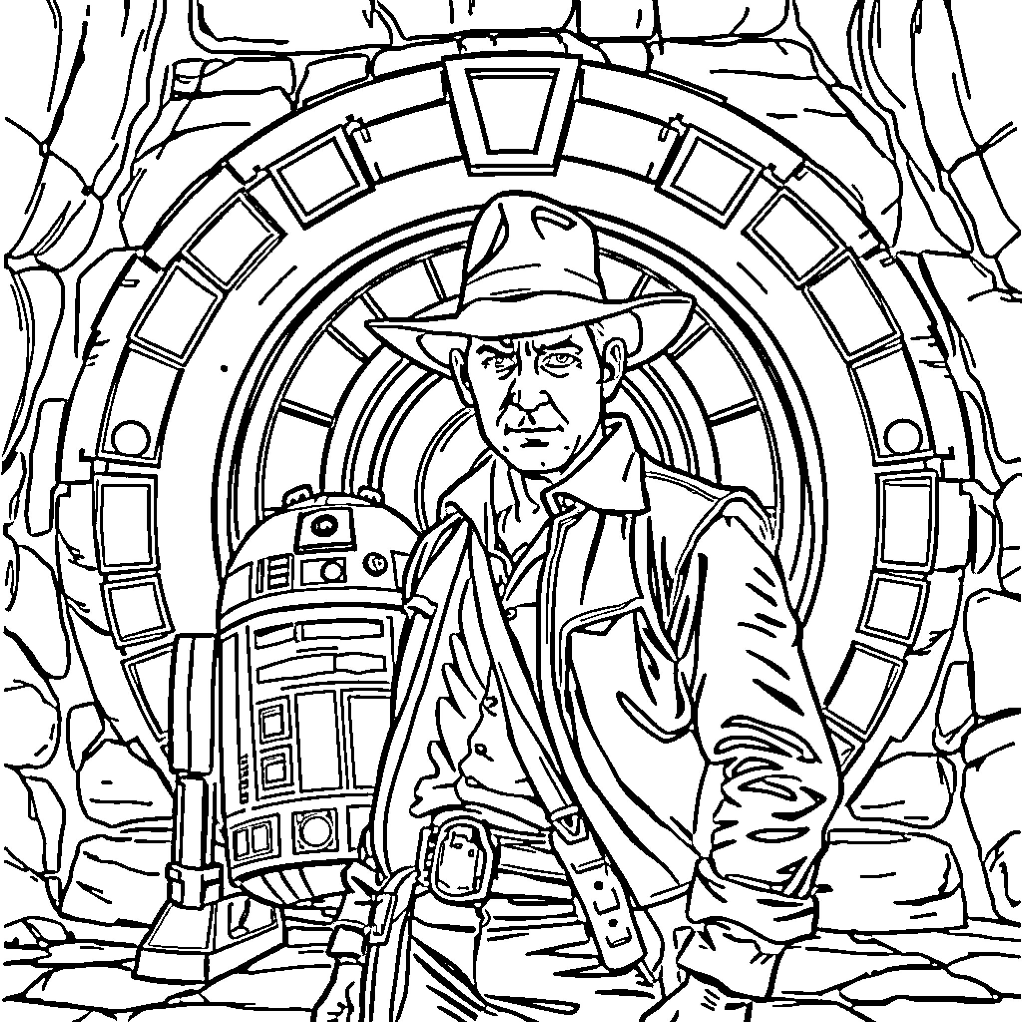Indiana Jones and the Mysterious Ancient Artifact Coloring Page (free black-and-white line drawing printable PDF for all, from beginners to advanced learners, including children, teens, adults, and seniors)