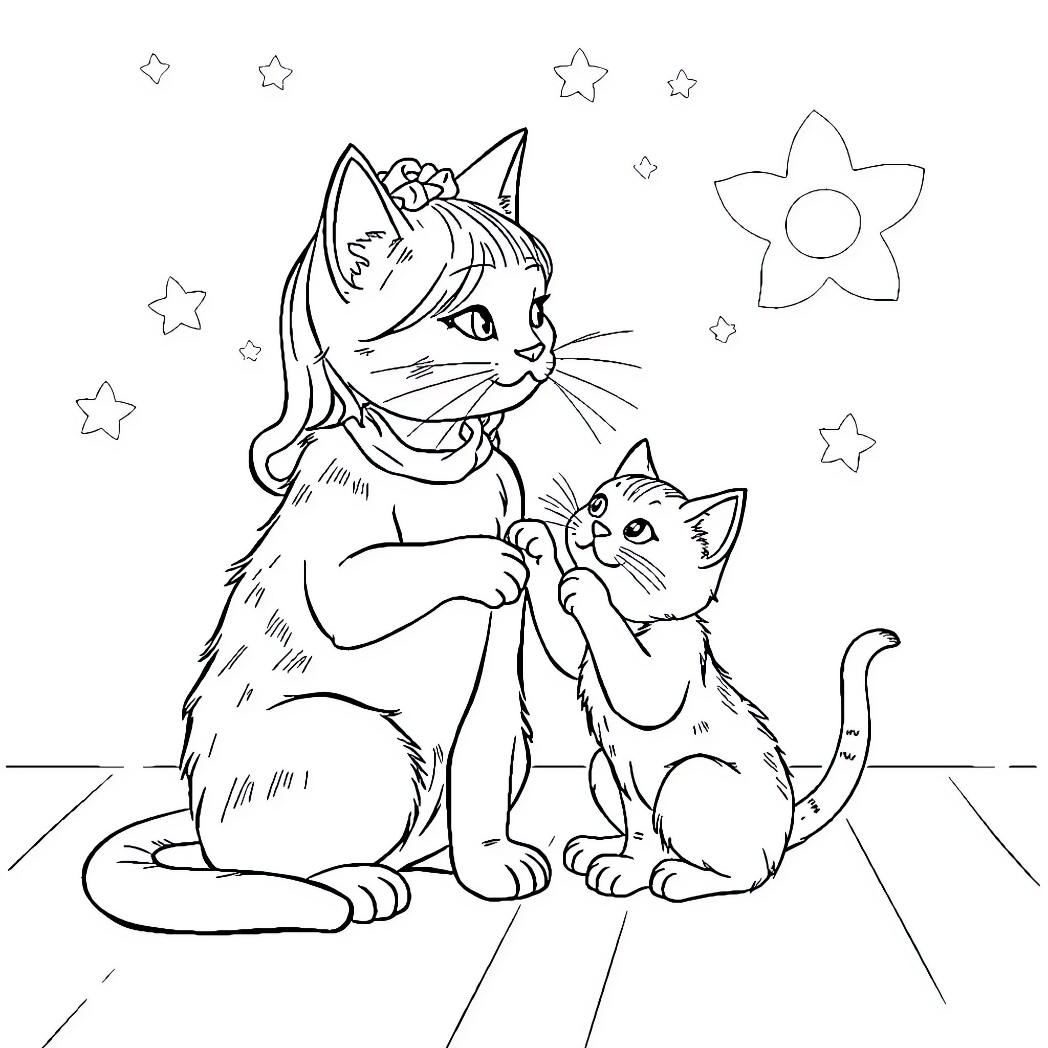Chat of Cute Cats Playing with Stars Coloring Page (free black-and-white line drawing printable PDF for all, from beginners to advanced learners, including children, teens, adults, and seniors)