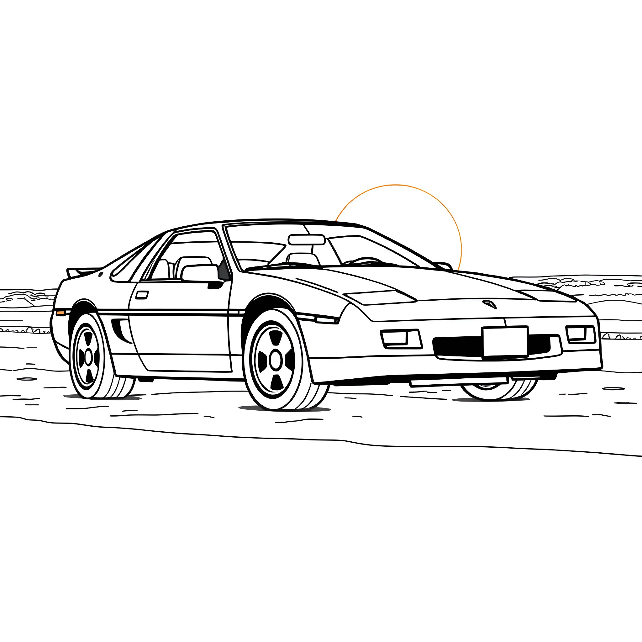 Pontiac Fiero racing against the sunset Coloring Page (free black-and-white line drawing printable PDF for all, from beginners to advanced learners, including children, teens, adults, and seniors)