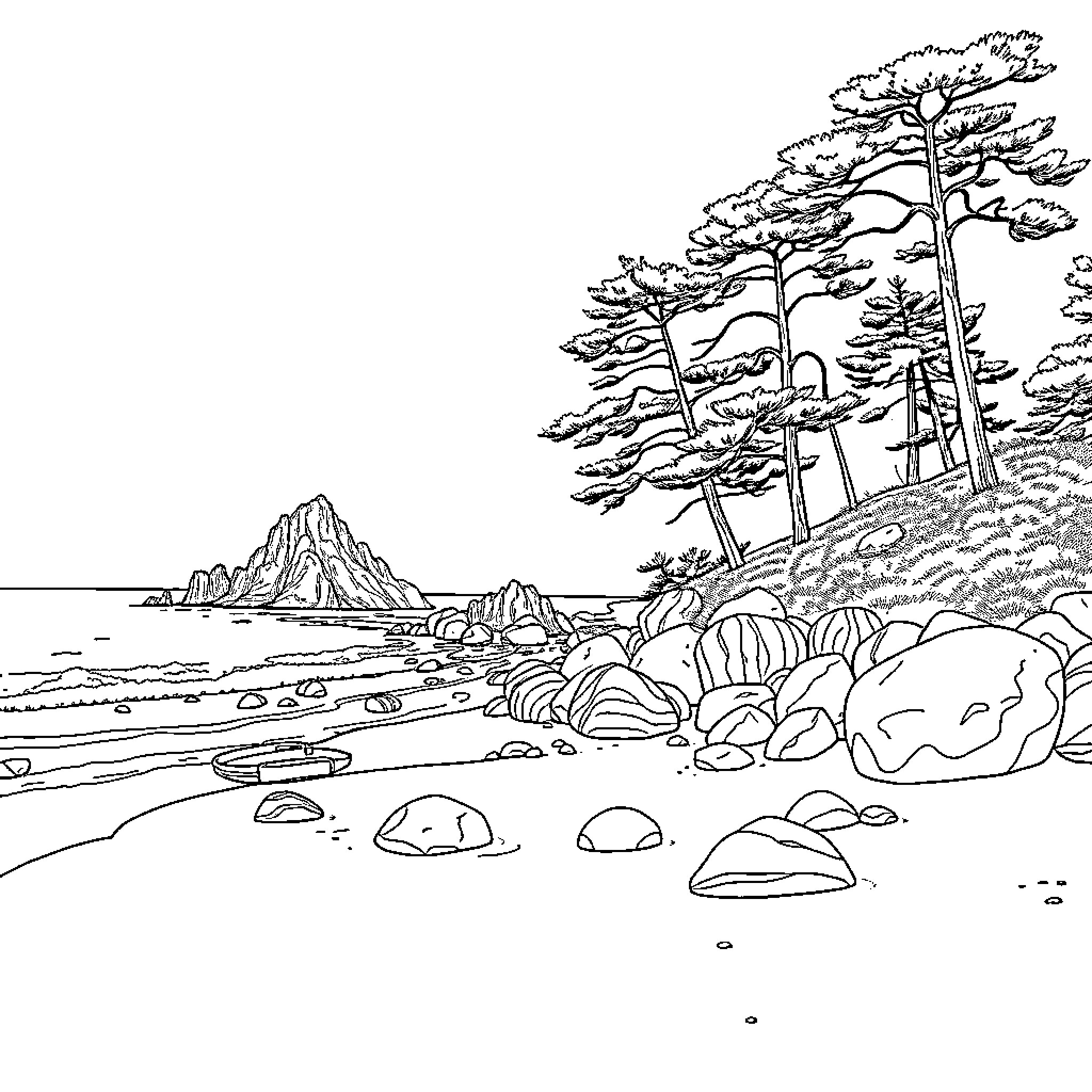Landscape with scenic mountain and rocky shoreline Coloring Page (free black-and-white line drawing printable PDF for all, from beginners to advanced learners, including children, teens, adults, and seniors)