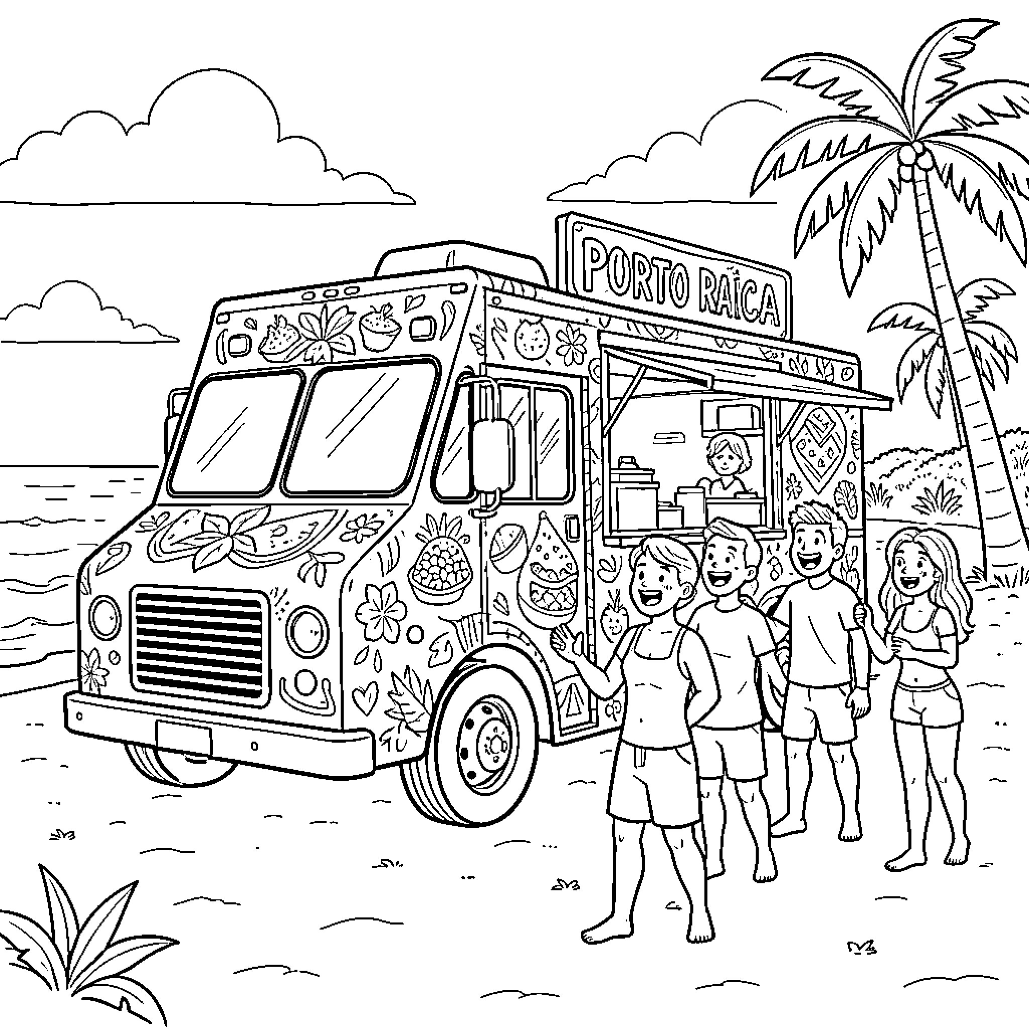 Food Truck Serving Customers at the Beach Coloring Page (free black-and-white line drawing printable PDF for all, from beginners to advanced learners, including children, teens, adults, and seniors)