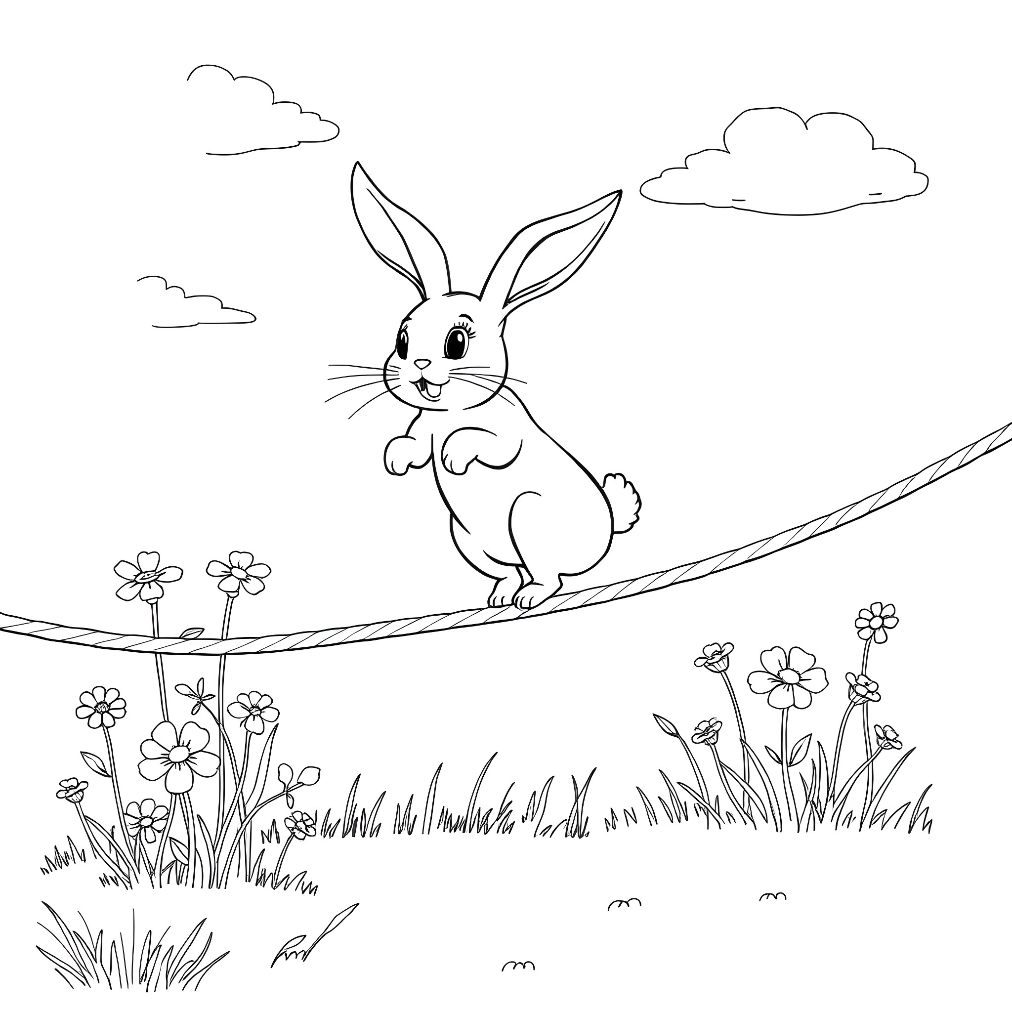 Rabbit hopping joyfully across a flowery meadow Coloring Page (free black-and-white line drawing printable PDF for all, from beginners to advanced learners, including children, teens, adults, and seniors)
