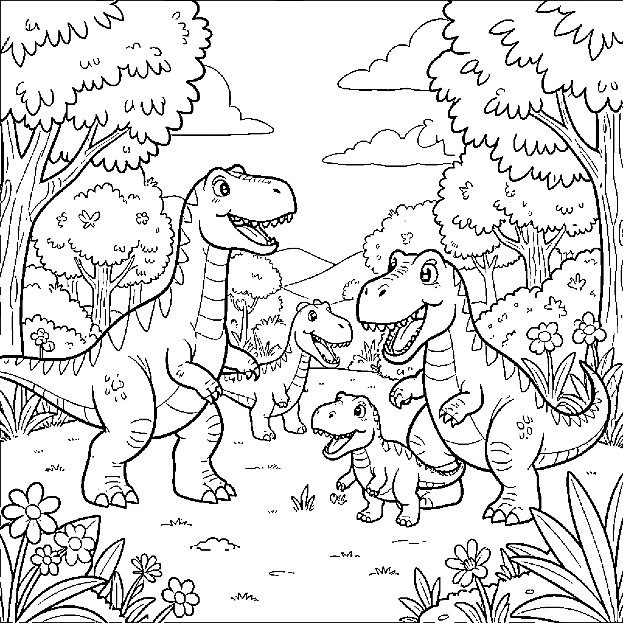 Paw Patrol Dinosaur Adventure in the Wilderness Coloring Page (free black-and-white line drawing printable PDF for all, from beginners to advanced learners, including children, teens, adults, and seniors)