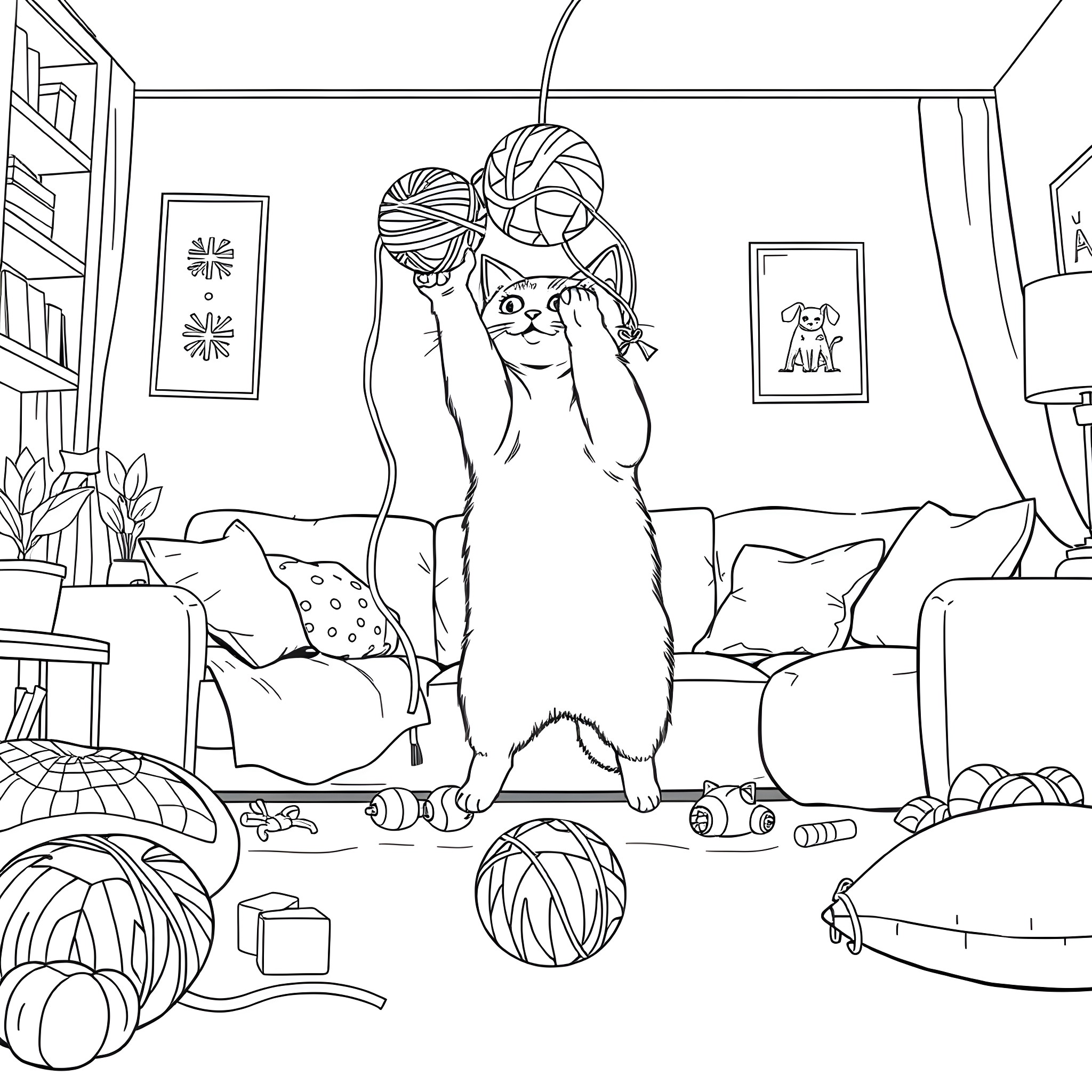 Cat playing with yarn in cozy home setting Coloring Page (free black-and-white line drawing printable PDF for all, from beginners to advanced learners, including children, teens, adults, and seniors)