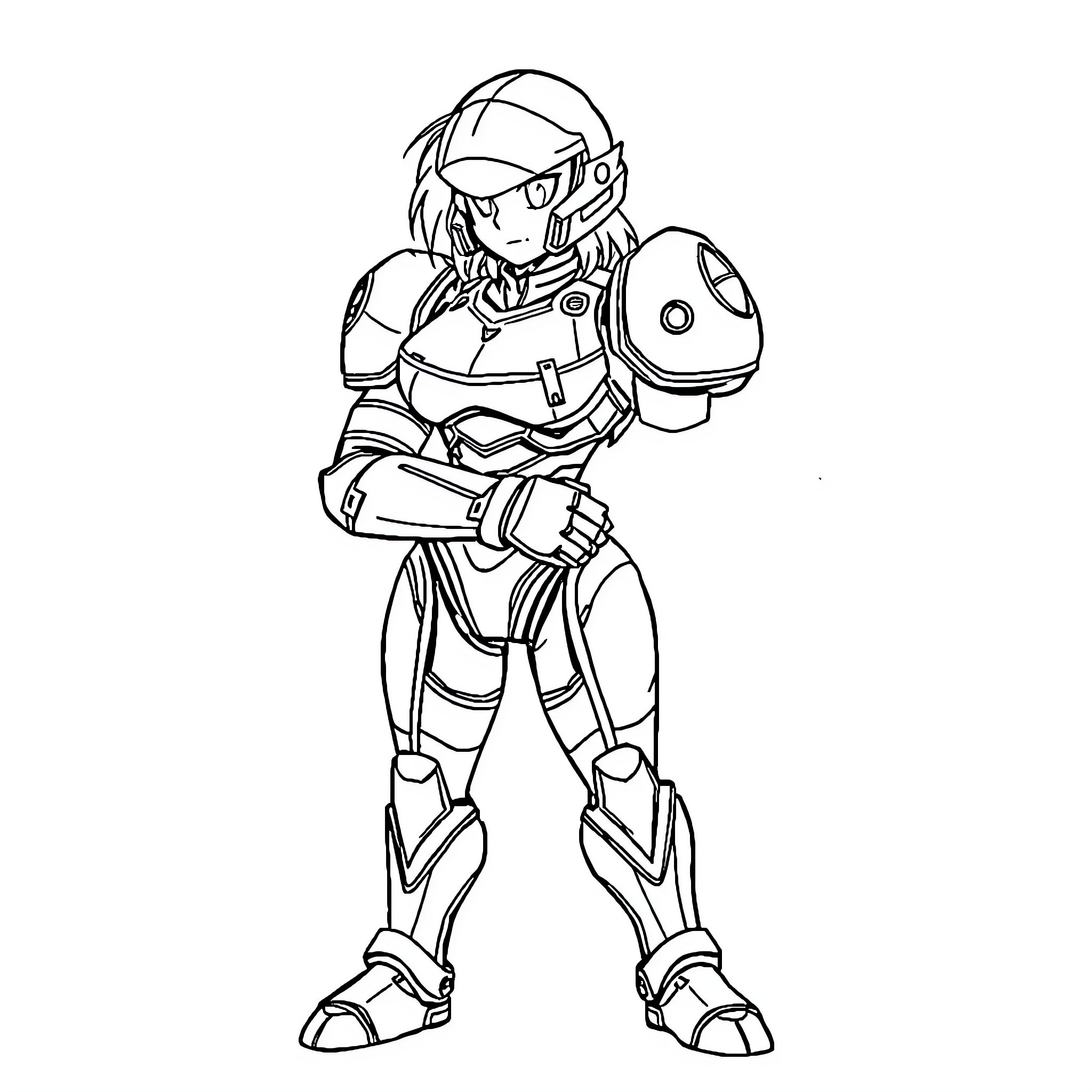 Samus in Heroic Pose with Futuristic Gear Coloring Page (free black-and-white line drawing printable PDF for all, from beginners to advanced learners, including children, teens, adults, and seniors)