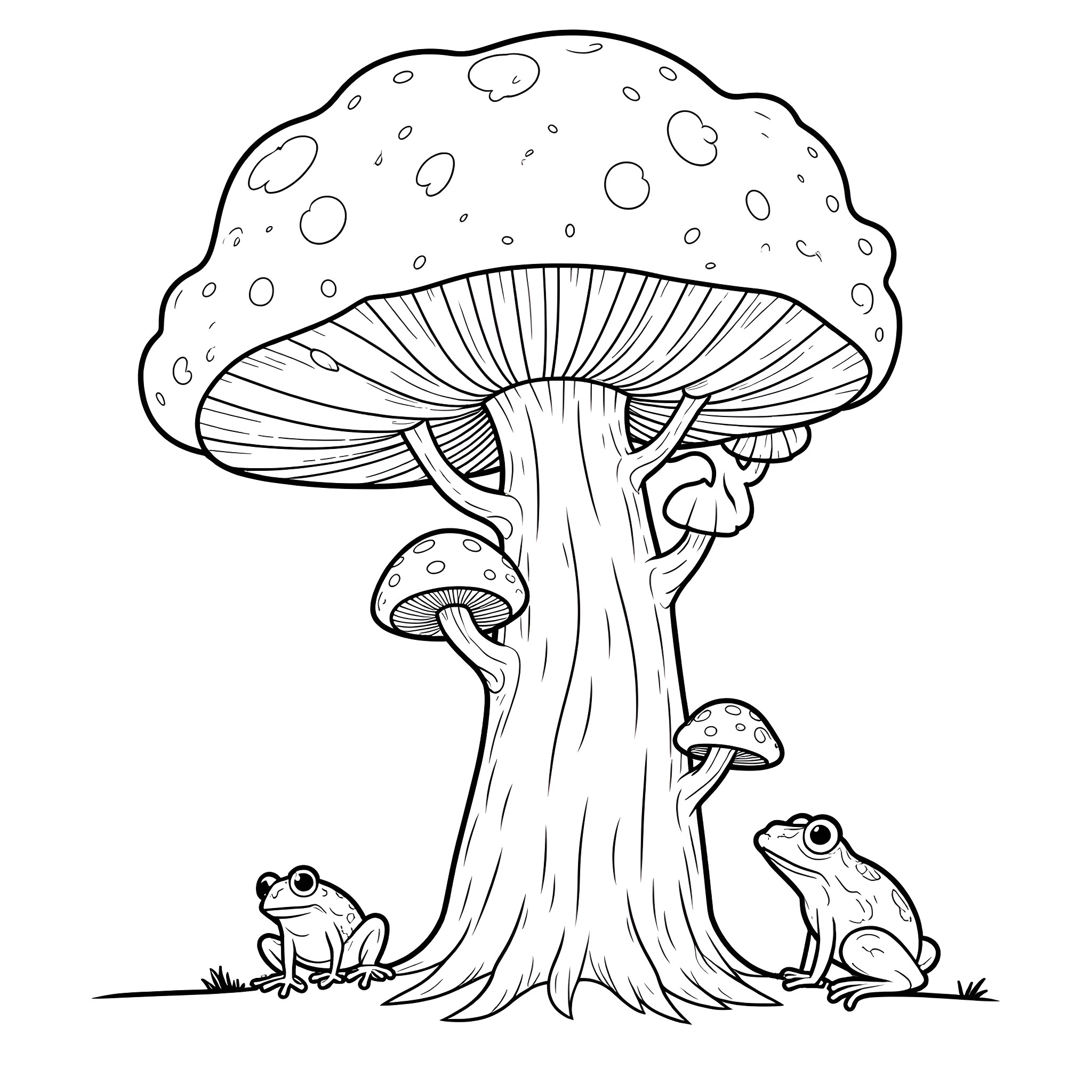 Tree with Mushroom and Frogs Coloring Page (free black-and-white line drawing printable PDF for all, from beginners to advanced learners, including children, teens, adults, and seniors)