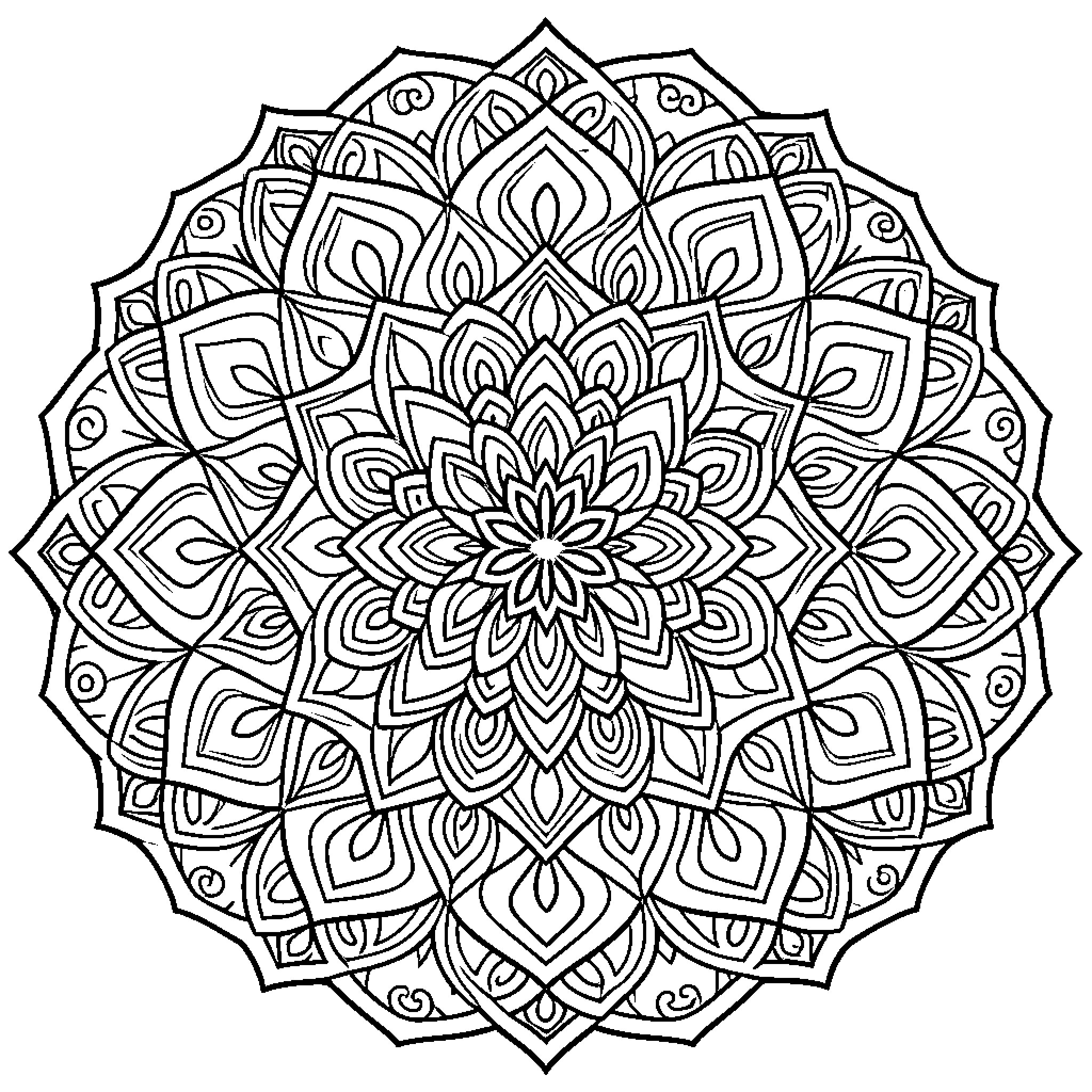 Mandala of intricate floral patterns Coloring Page (free black-and-white line drawing printable PDF for all, from beginners to advanced learners, including children, teens, adults, and seniors)