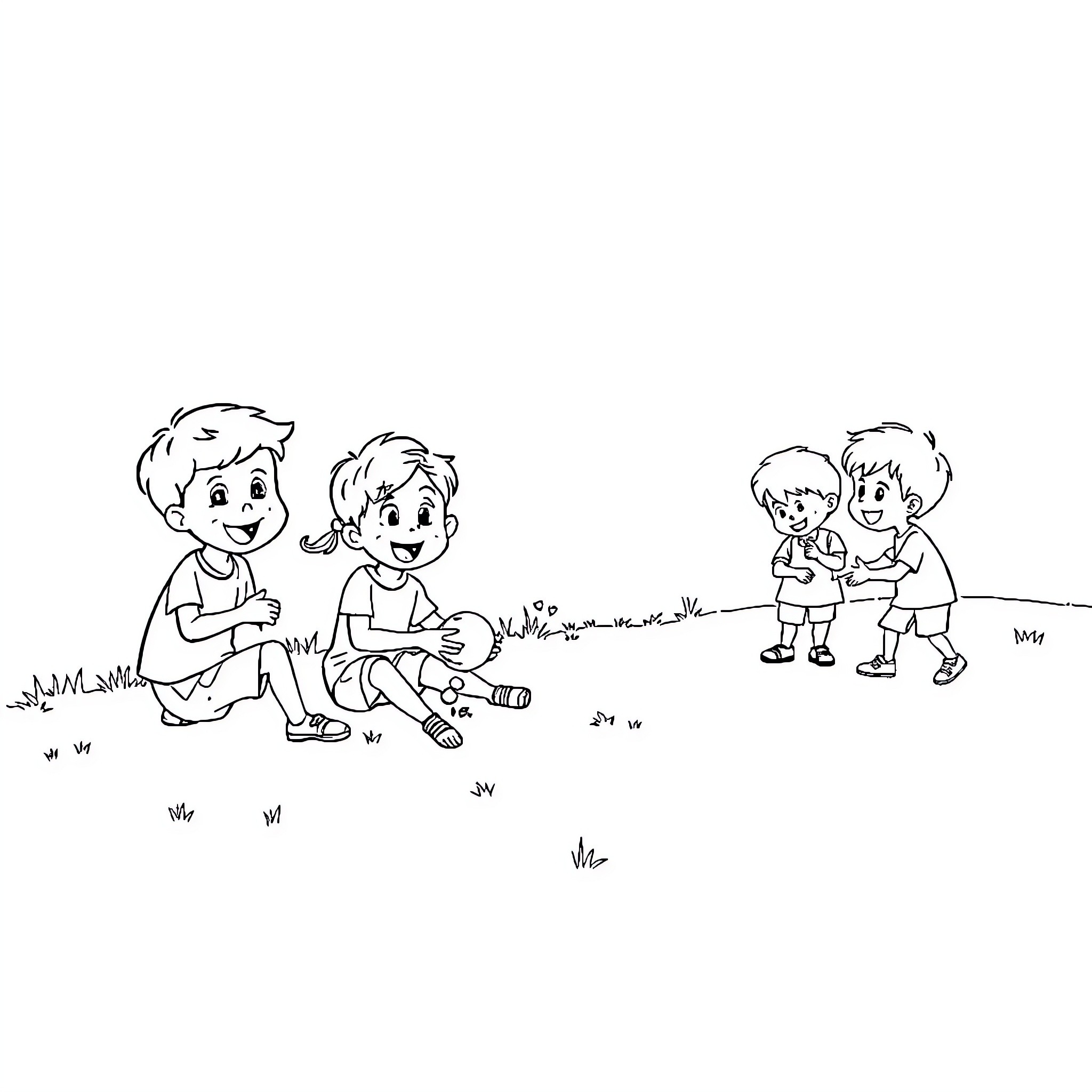 Children playing together outdoors Coloring Page (free black-and-white line drawing printable PDF for all, from beginners to advanced learners, including children, teens, adults, and seniors)