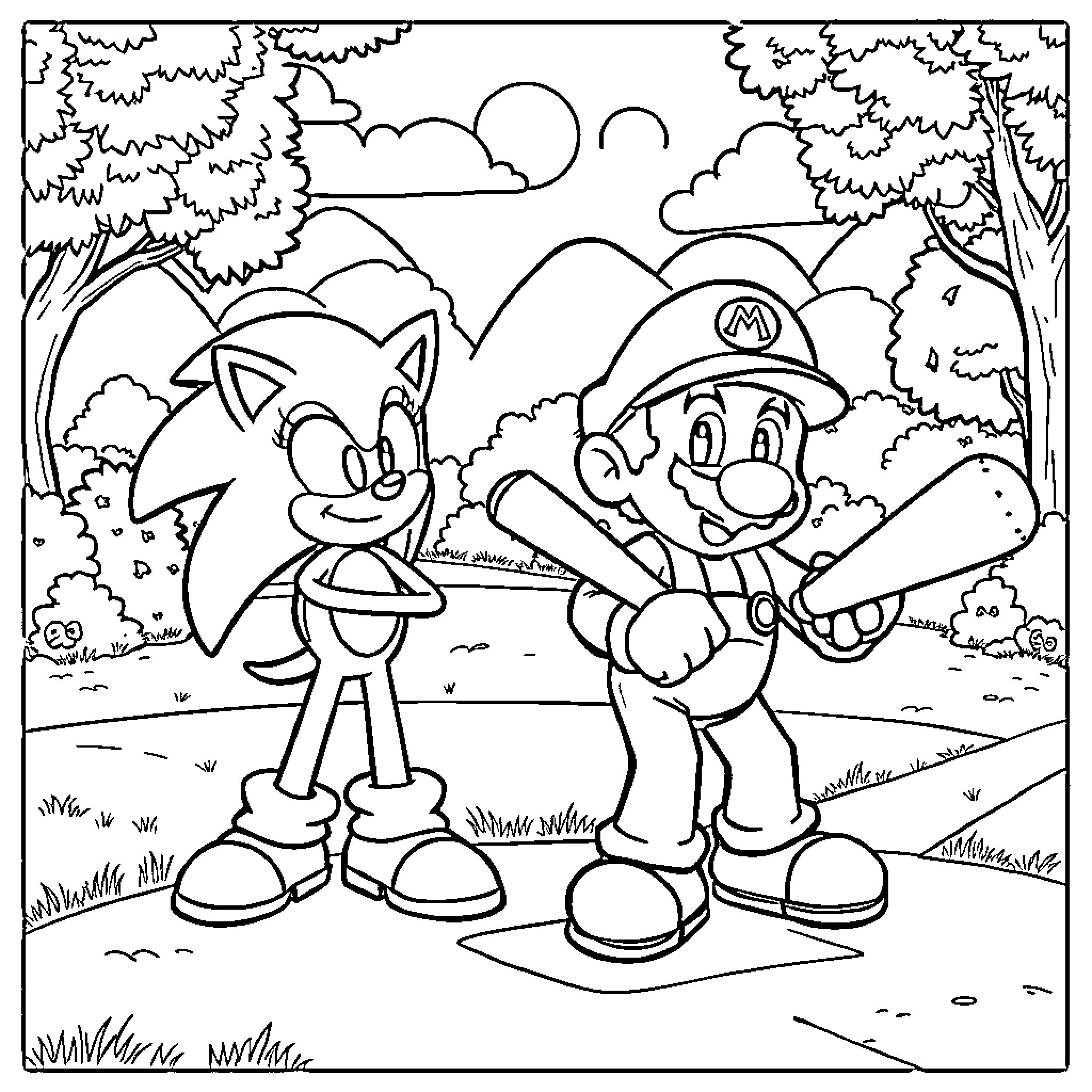 Sonic and Mario in an Adventure Outdoors Coloring Page (free black-and-white line drawing printable PDF for all, from beginners to advanced learners, including children, teens, adults, and seniors)
