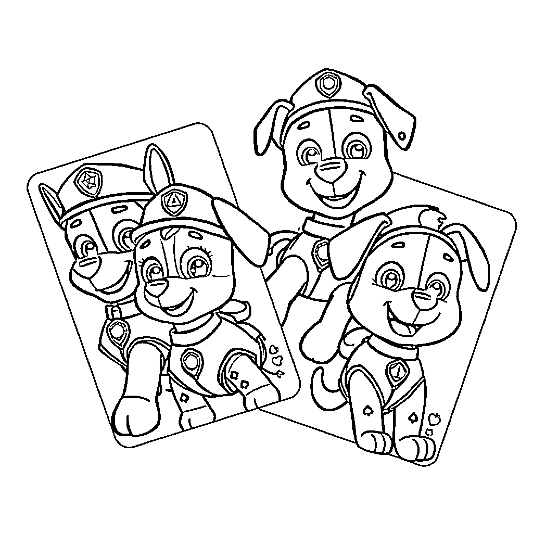 Paw Patrol Puppies Posing Happily Coloring Page (free black-and-white line drawing printable PDF for all, from beginners to advanced learners, including children, teens, adults, and seniors)