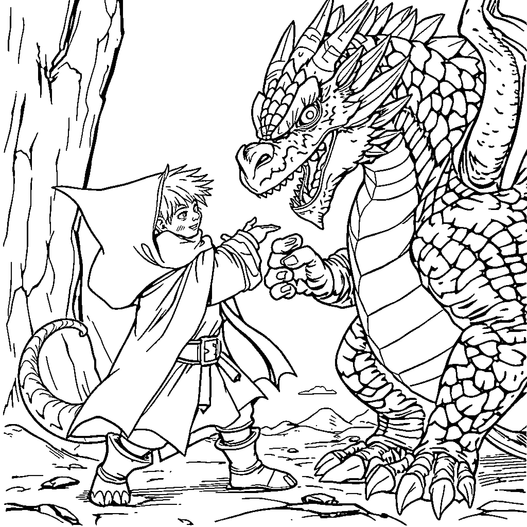 Halfling Adventurer Confronting a Fearsome Dragon Coloring Page (free black-and-white line drawing printable PDF for all, from beginners to advanced learners, including children, teens, adults, and seniors)