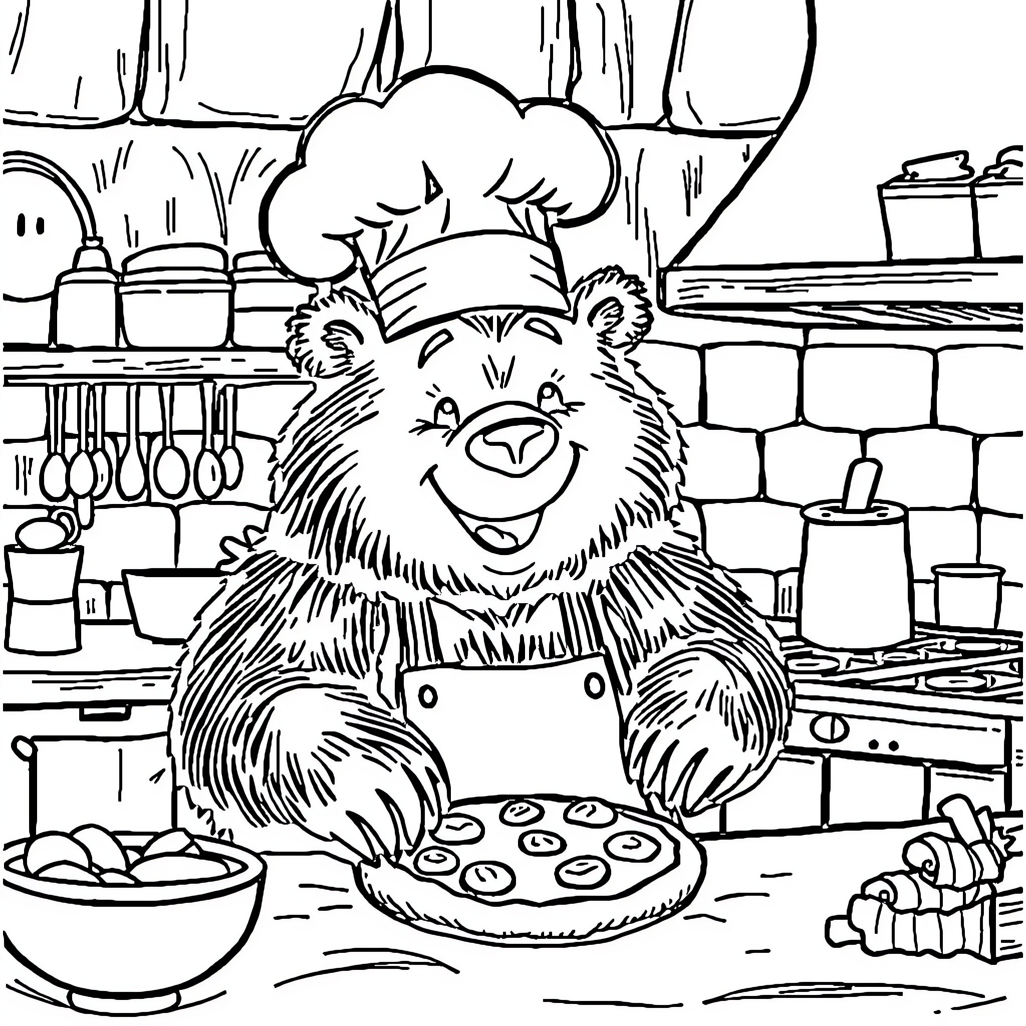 Bear baking cookies in the kitchen Coloring Page (free black-and-white line drawing printable PDF for all, from beginners to advanced learners, including children, teens, adults, and seniors)