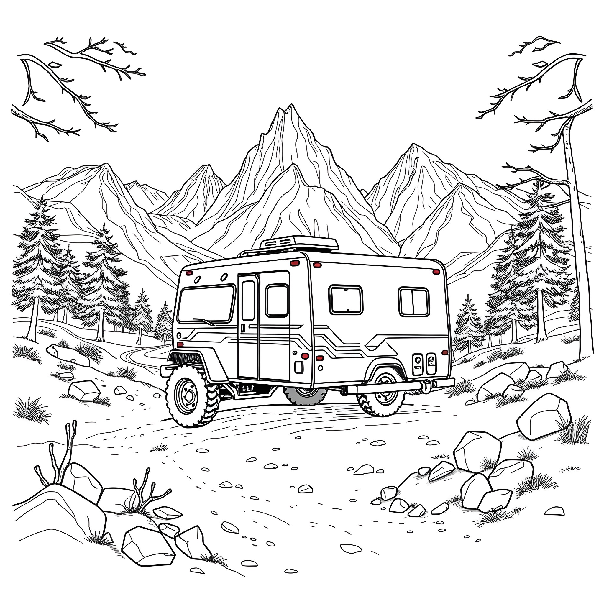 Trailer of a camper van in the mountains Coloring Page (free black-and-white line drawing printable PDF for all, from beginners to advanced learners, including children, teens, adults, and seniors)