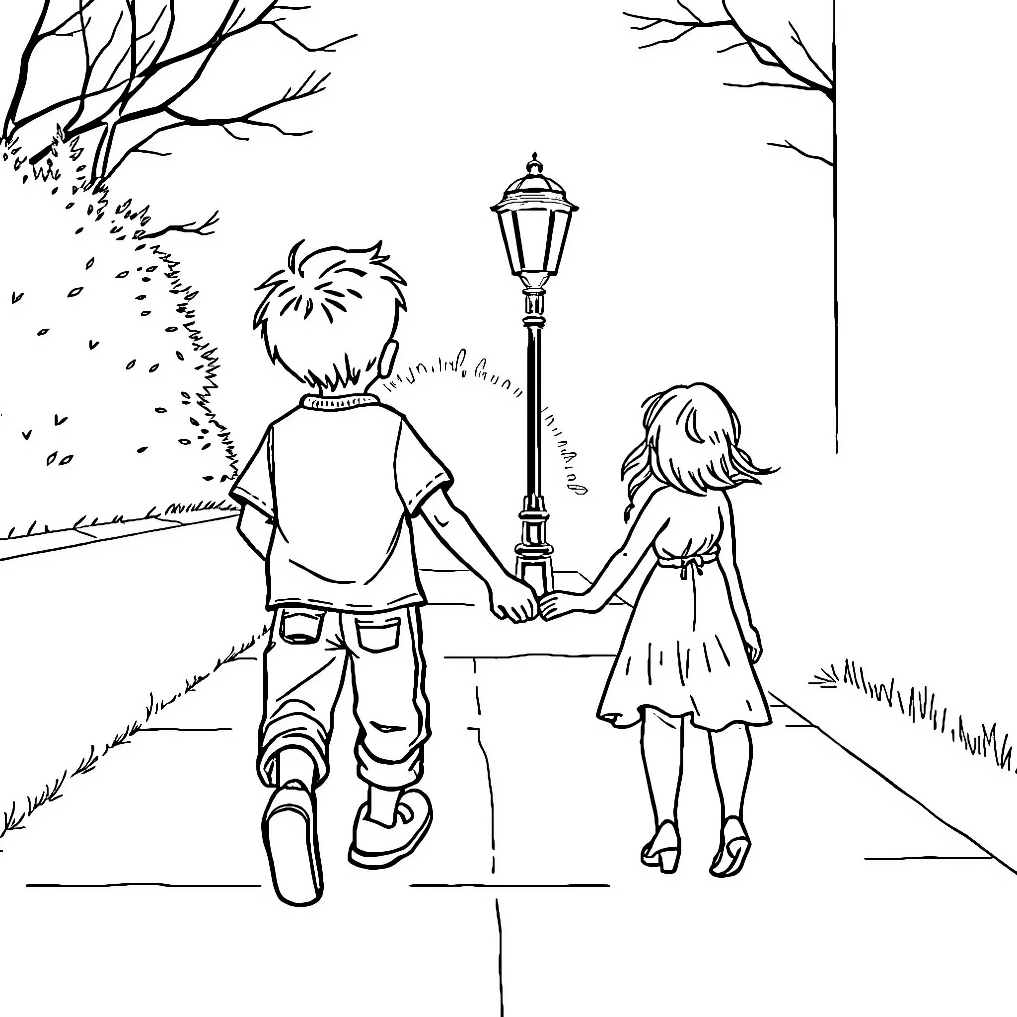 Child holding hands and walking on a path Coloring Page (free black-and-white line drawing printable PDF for all, from beginners to advanced learners, including children, teens, adults, and seniors)