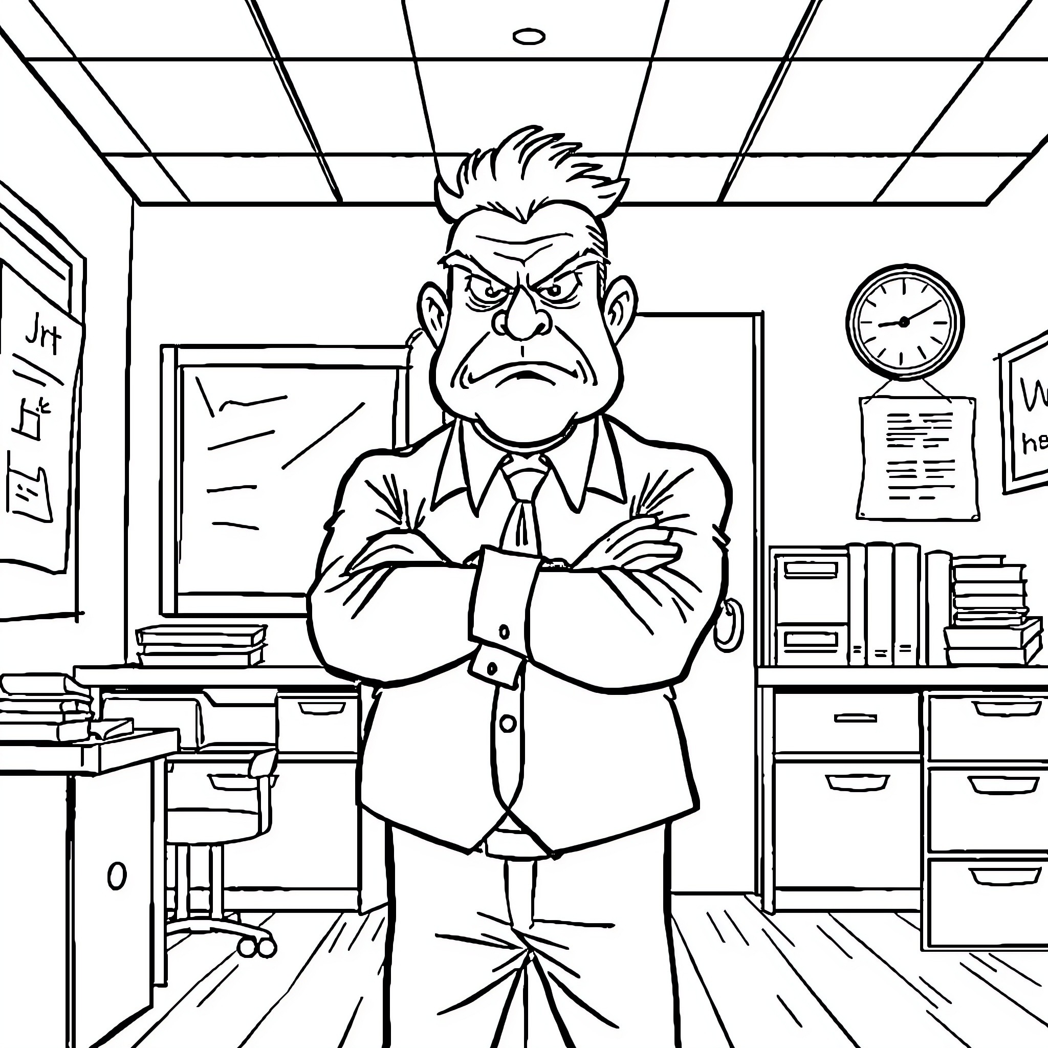 Principal scolding students in classroom Coloring Page (free black-and-white line drawing printable PDF for all, from beginners to advanced learners, including children, teens, adults, and seniors)