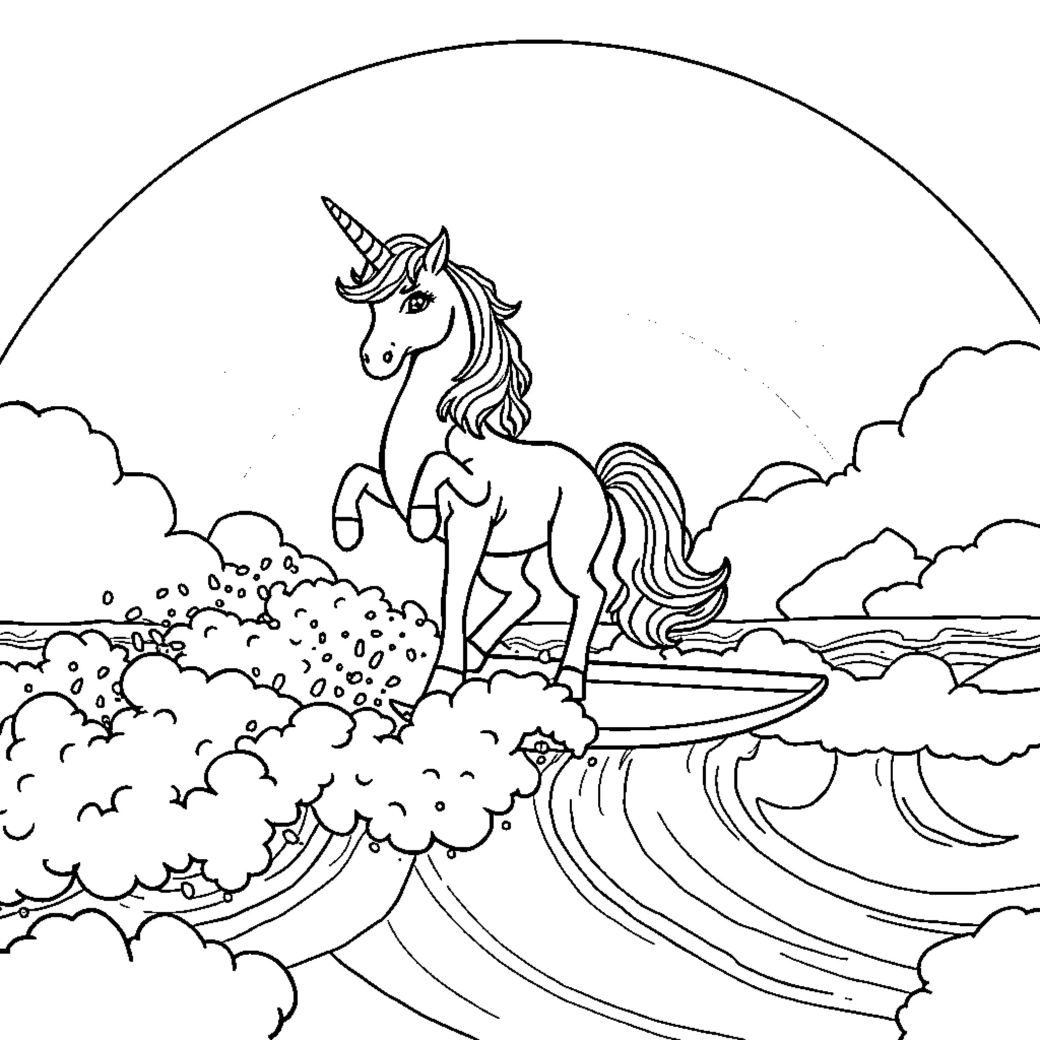 Unicorn standing gracefully on a magical cloud Coloring Page (free black-and-white line drawing printable PDF for all, from beginners to advanced learners, including children, teens, adults, and seniors)