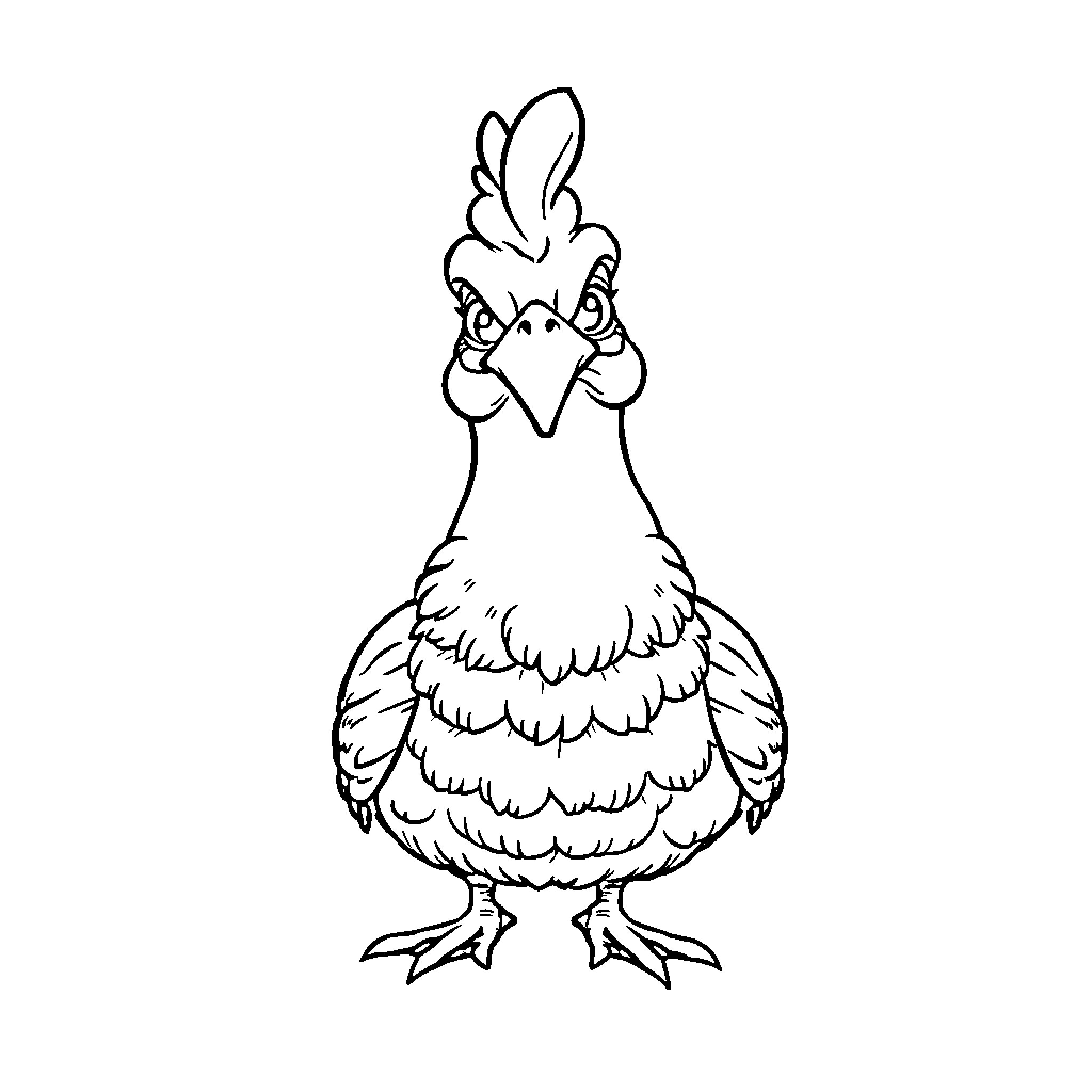 Hen standing proudly with expressive features Coloring Page (free black-and-white line drawing printable PDF for all, from beginners to advanced learners, including children, teens, adults, and seniors)