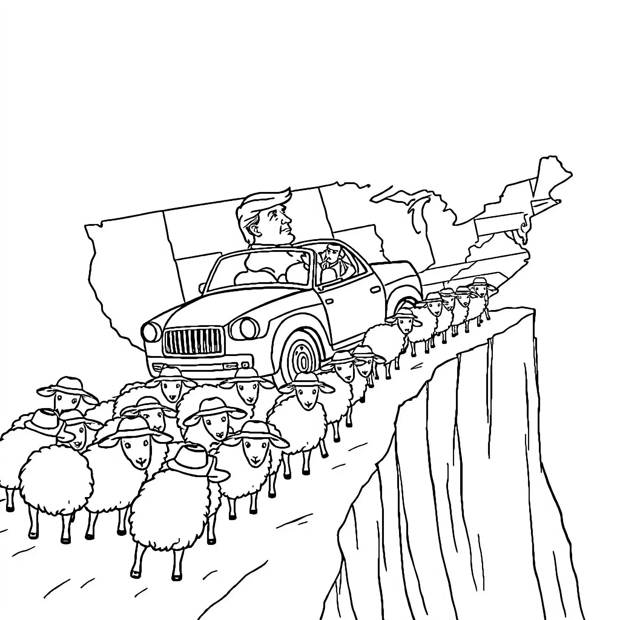 Trump Drives Herd of Sheep off Cliff in Illustrated Scene Coloring Page (free black-and-white line drawing printable PDF for all, from beginners to advanced learners, including children, teens, adults, and seniors)