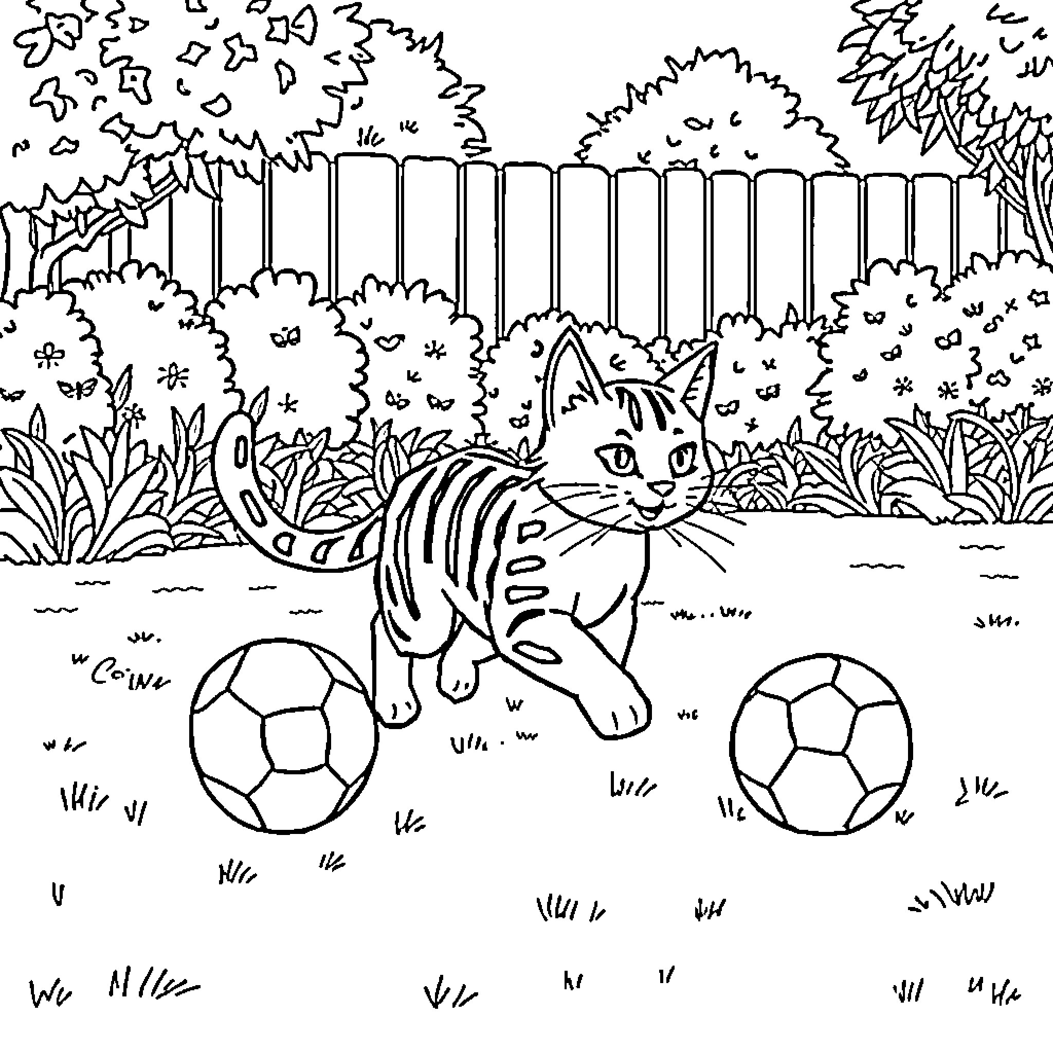 Gato playing with soccer balls in backyard Coloring Page (free black-and-white line drawing printable PDF for all, from beginners to advanced learners, including children, teens, adults, and seniors)