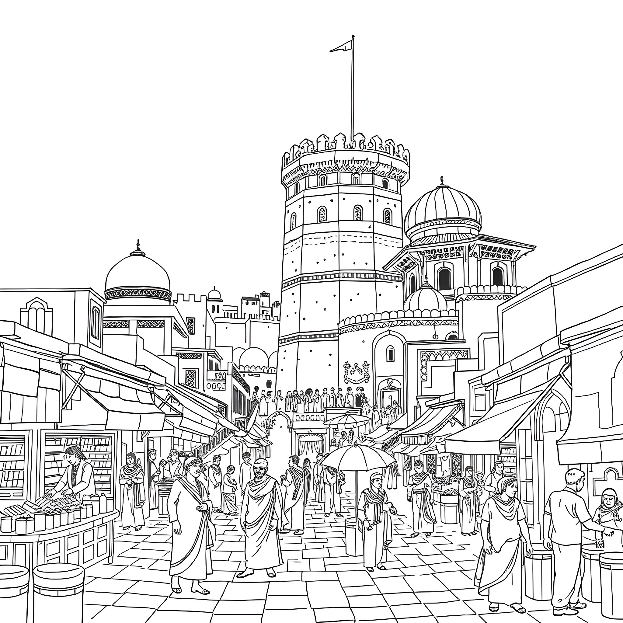 Tower of bustling activity in vibrant marketplace Coloring Page (free black-and-white line drawing printable PDF for all, from beginners to advanced learners, including children, teens, adults, and seniors)