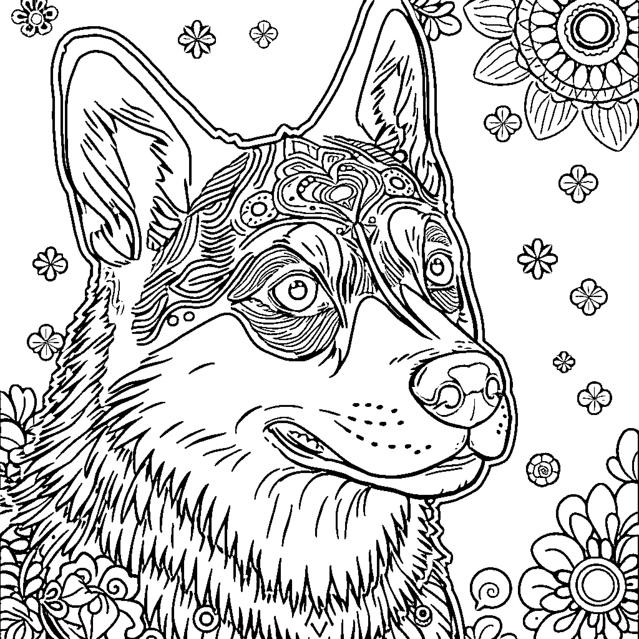 Husky with Intricate Floral Patterns Coloring Page (free black-and-white line drawing printable PDF for all, from beginners to advanced learners, including children, teens, adults, and seniors)