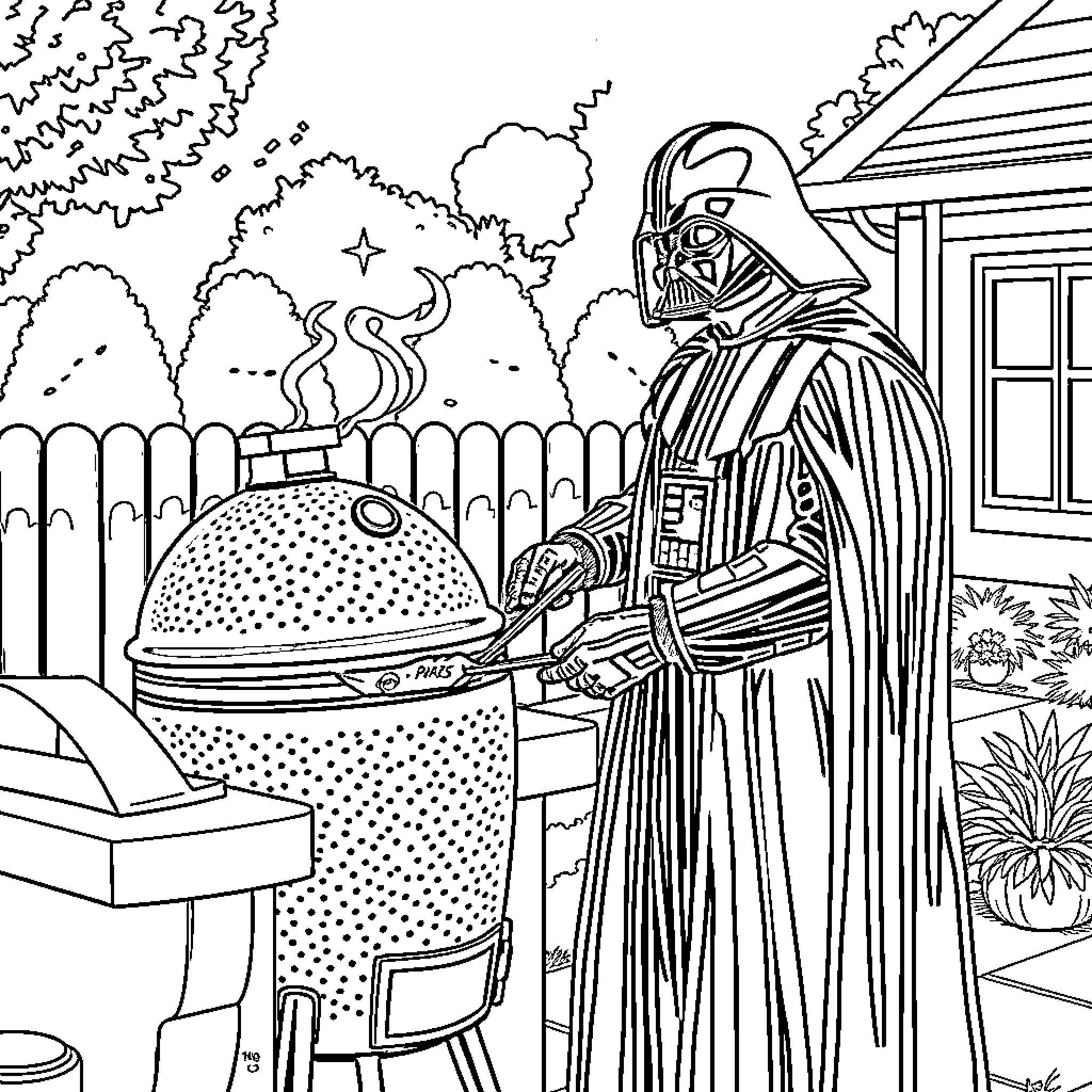 Darth Vader cooking on the grill in a backyard setting Coloring Page (free black-and-white line drawing printable PDF for all, from beginners to advanced learners, including children, teens, adults, and seniors)