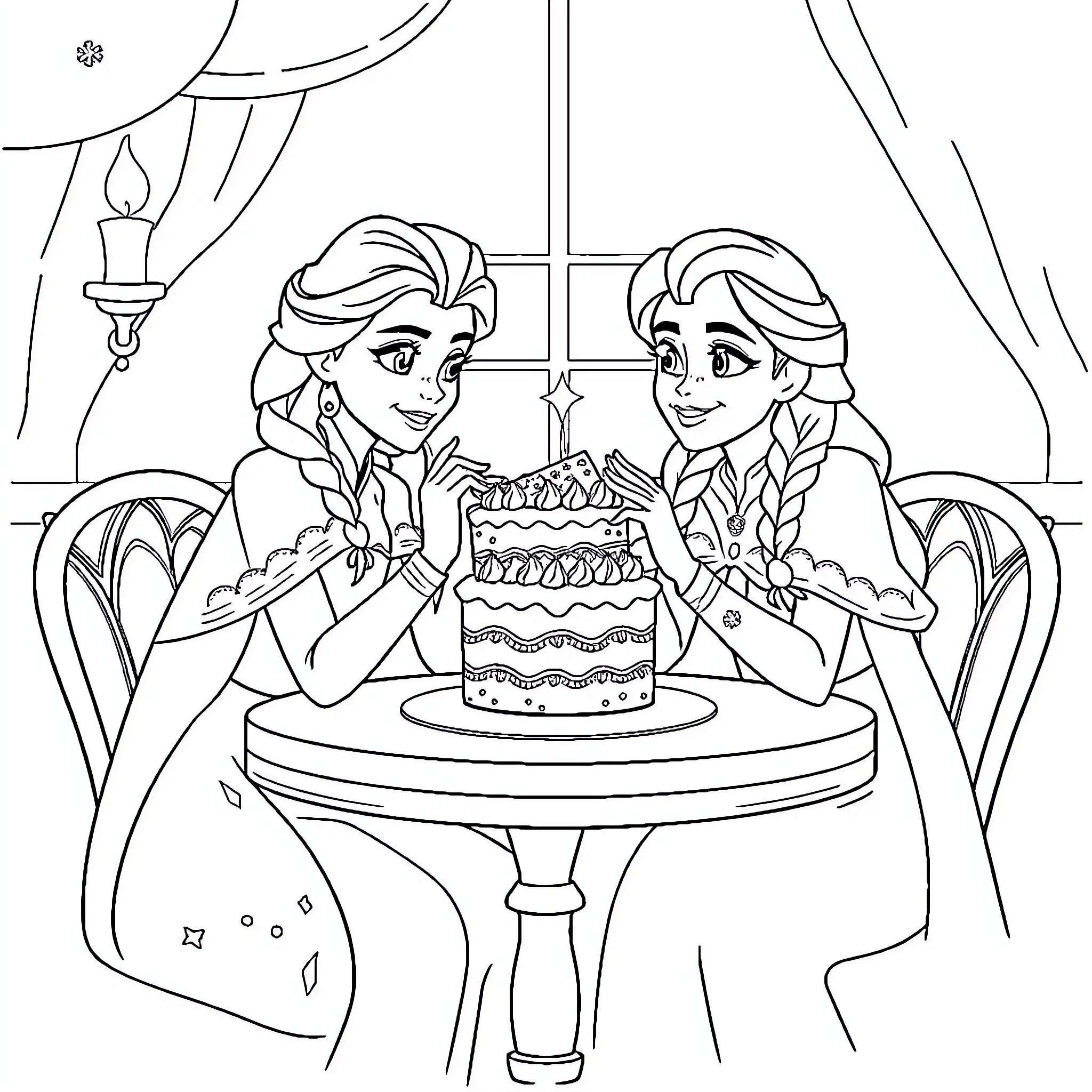 Elsa and Anna celebrate with a birthday cake Coloring Page (free black-and-white line drawing printable PDF for all, from beginners to advanced learners, including children, teens, adults, and seniors)