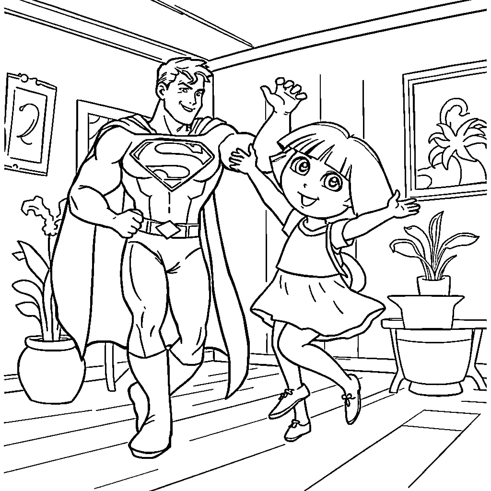 Superman Meets Excited Girl in Colorful Room Coloring Page (free black-and-white line drawing printable PDF for all, from beginners to advanced learners, including children, teens, adults, and seniors)