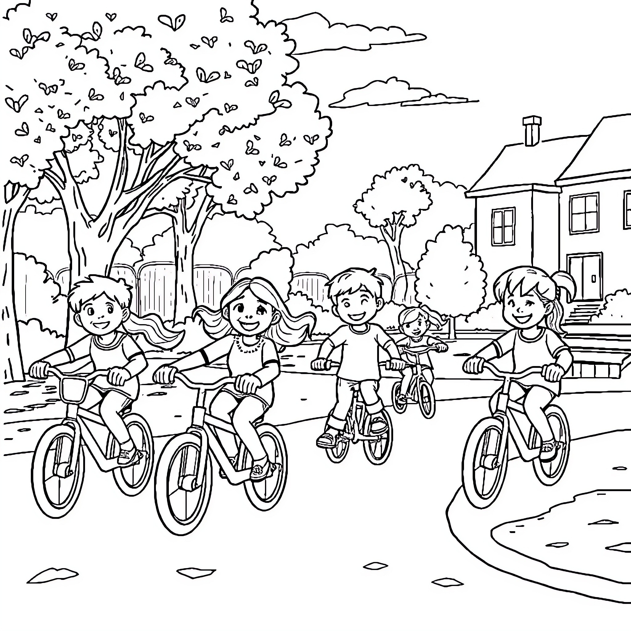 Kid Biking Together in Neighborhood Coloring Page (free black-and-white line drawing printable PDF for all, from beginners to advanced learners, including children, teens, adults, and seniors)