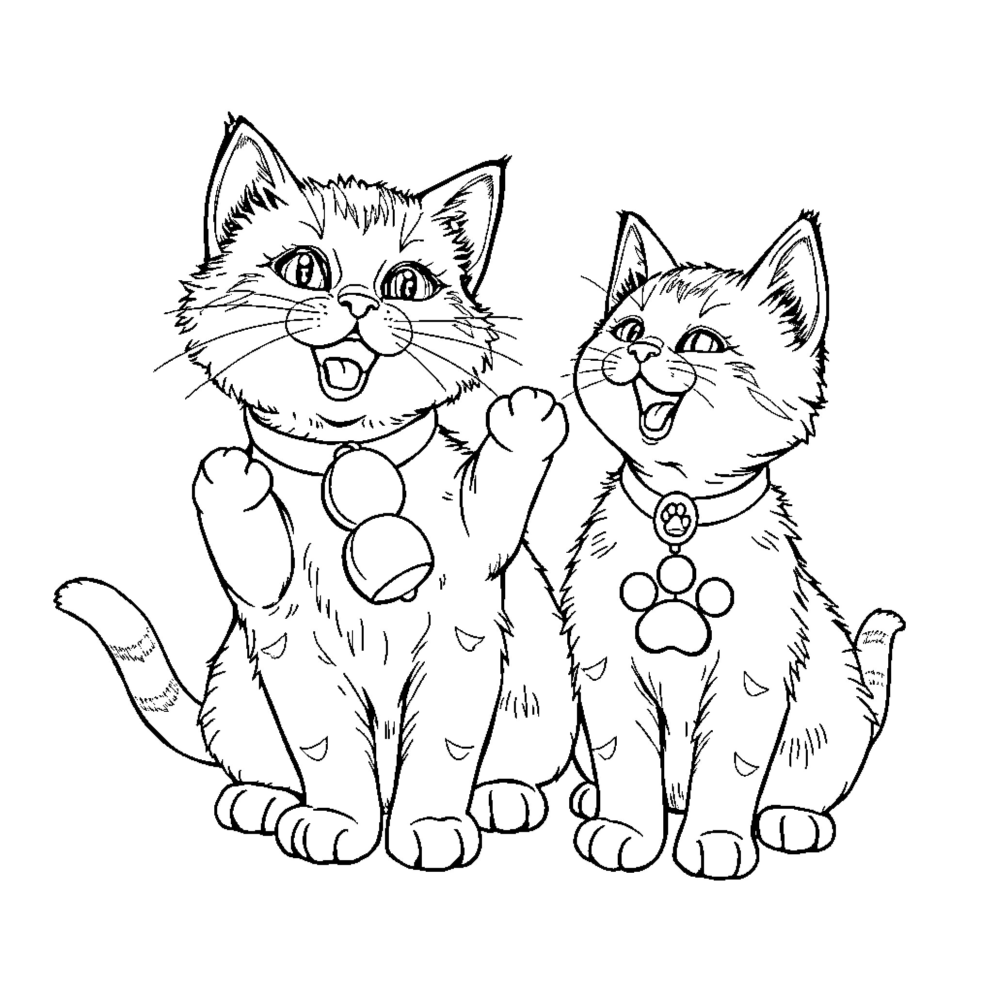 Cat friends happily playing together Coloring Page (free black-and-white line drawing printable PDF for all, from beginners to advanced learners, including children, teens, adults, and seniors)