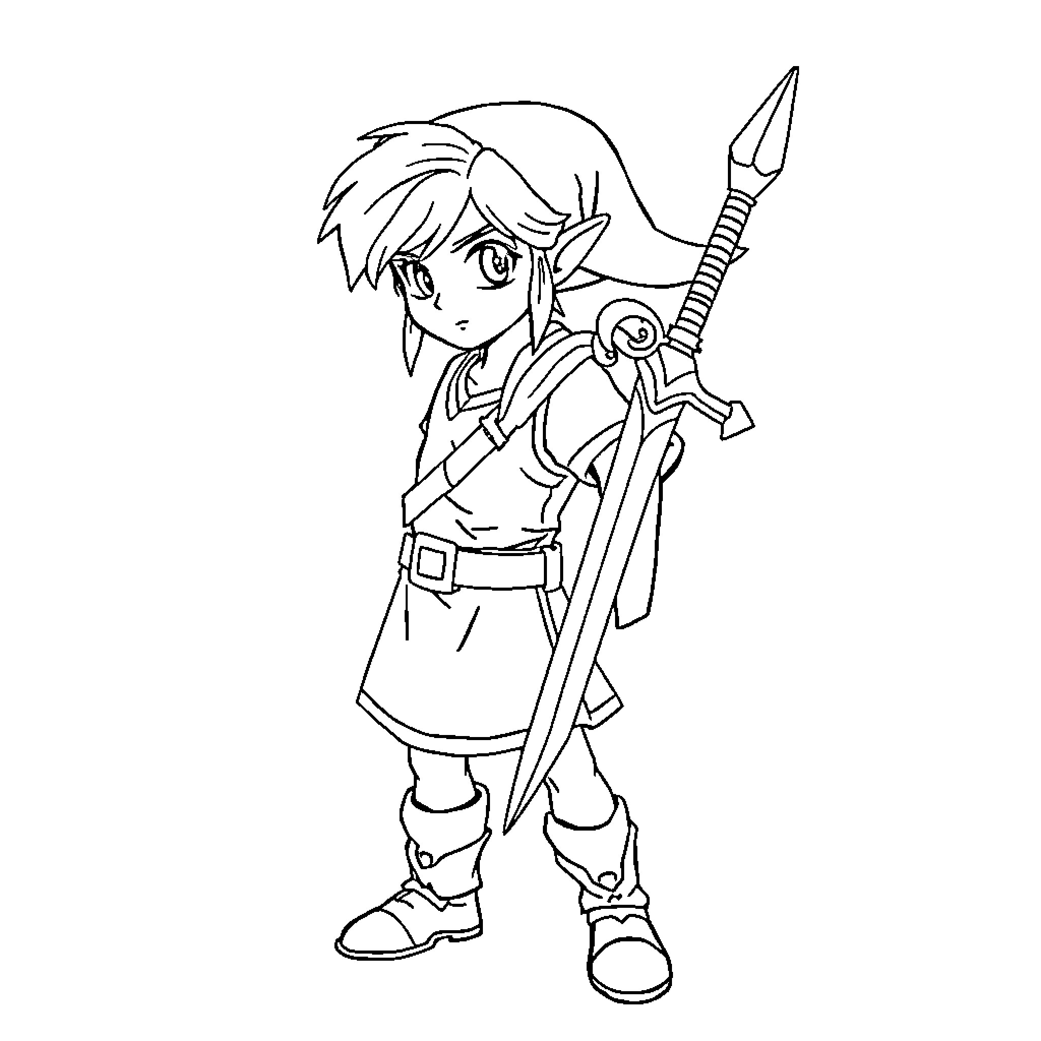 Link wielding a sword and shield in action Coloring Page (free black-and-white line drawing printable PDF for all, from beginners to advanced learners, including children, teens, adults, and seniors)