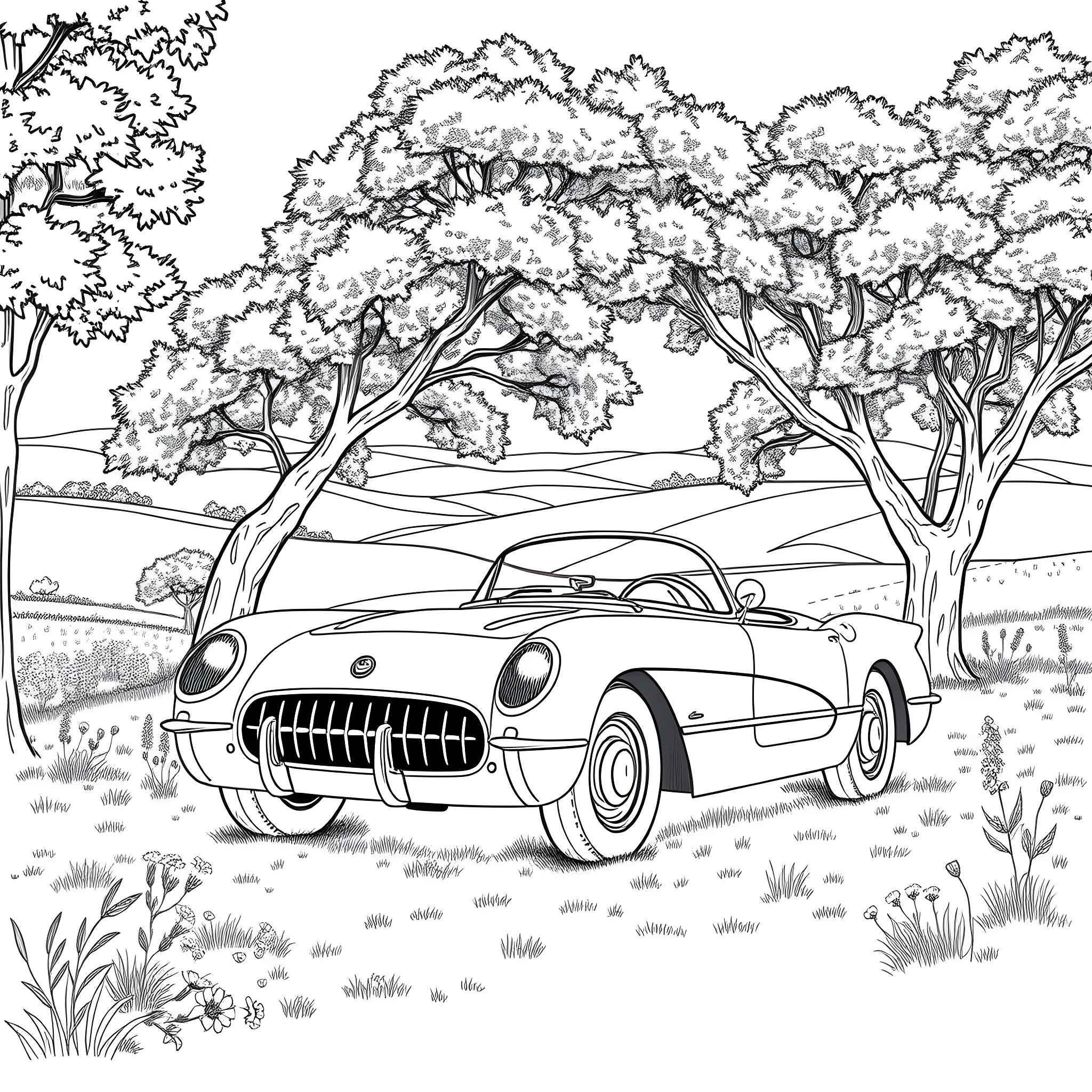 Chevrolet Corvette parked in a scenic landscape Coloring Page (free black-and-white line drawing printable PDF for all, from beginners to advanced learners, including children, teens, adults, and seniors)