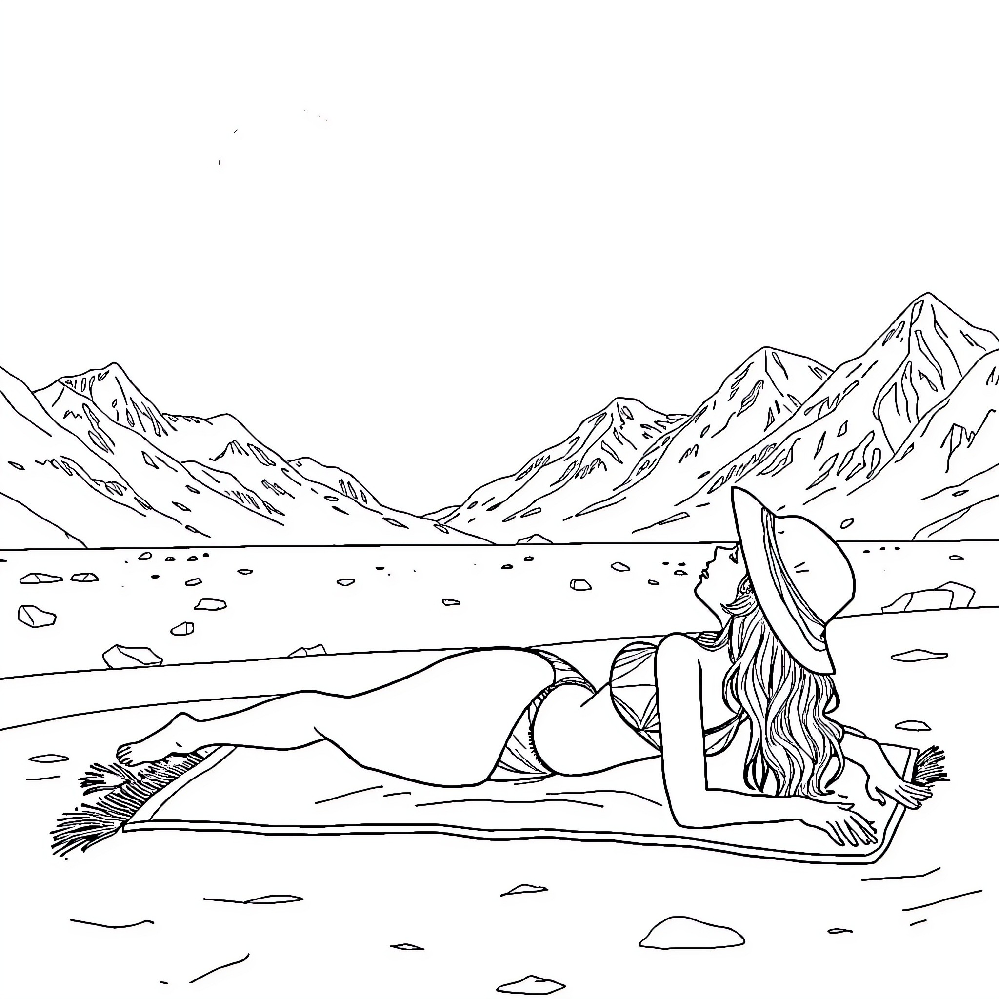 Bikini Girl relaxing on the beach with mountain view Coloring Page (free black-and-white line drawing printable PDF for all, from beginners to advanced learners, including children, teens, adults, and seniors)