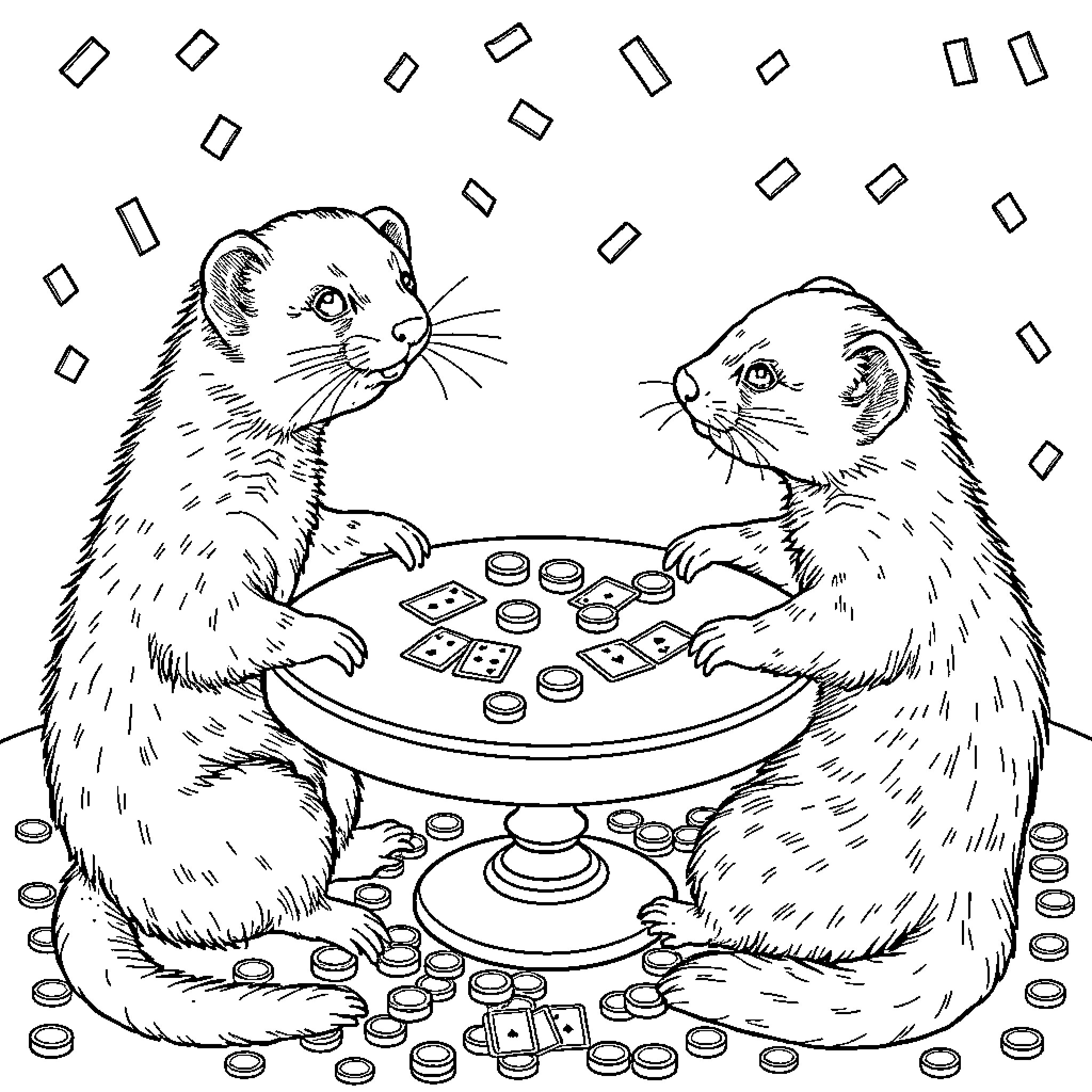 Ferret playing checkers with friends Coloring Page (free black-and-white line drawing printable PDF for all, from beginners to advanced learners, including children, teens, adults, and seniors)