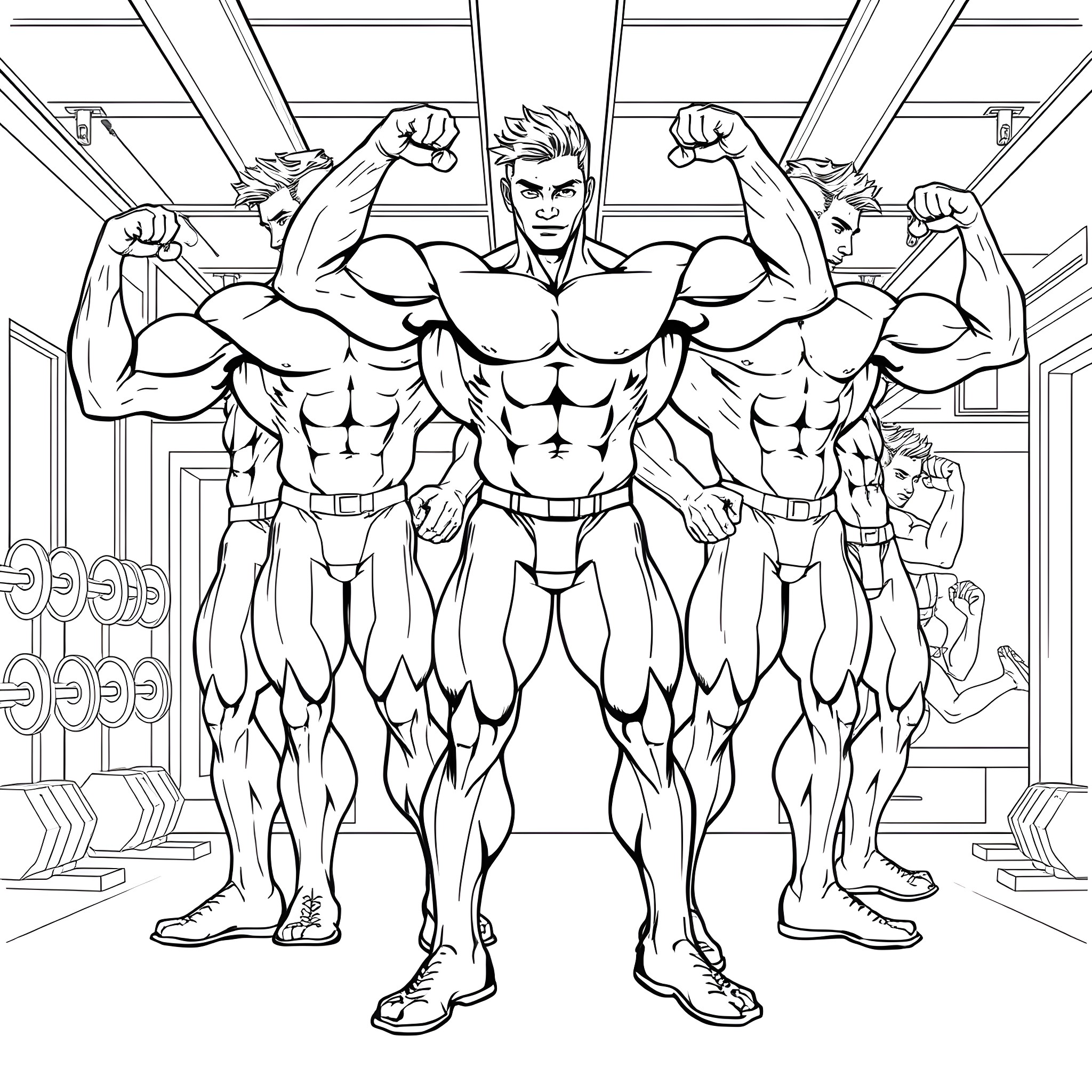 Muscle-Bound Heroes in Action-Packed Workout Scene Coloring Page (free black-and-white line drawing printable PDF for all, from beginners to advanced learners, including children, teens, adults, and seniors)