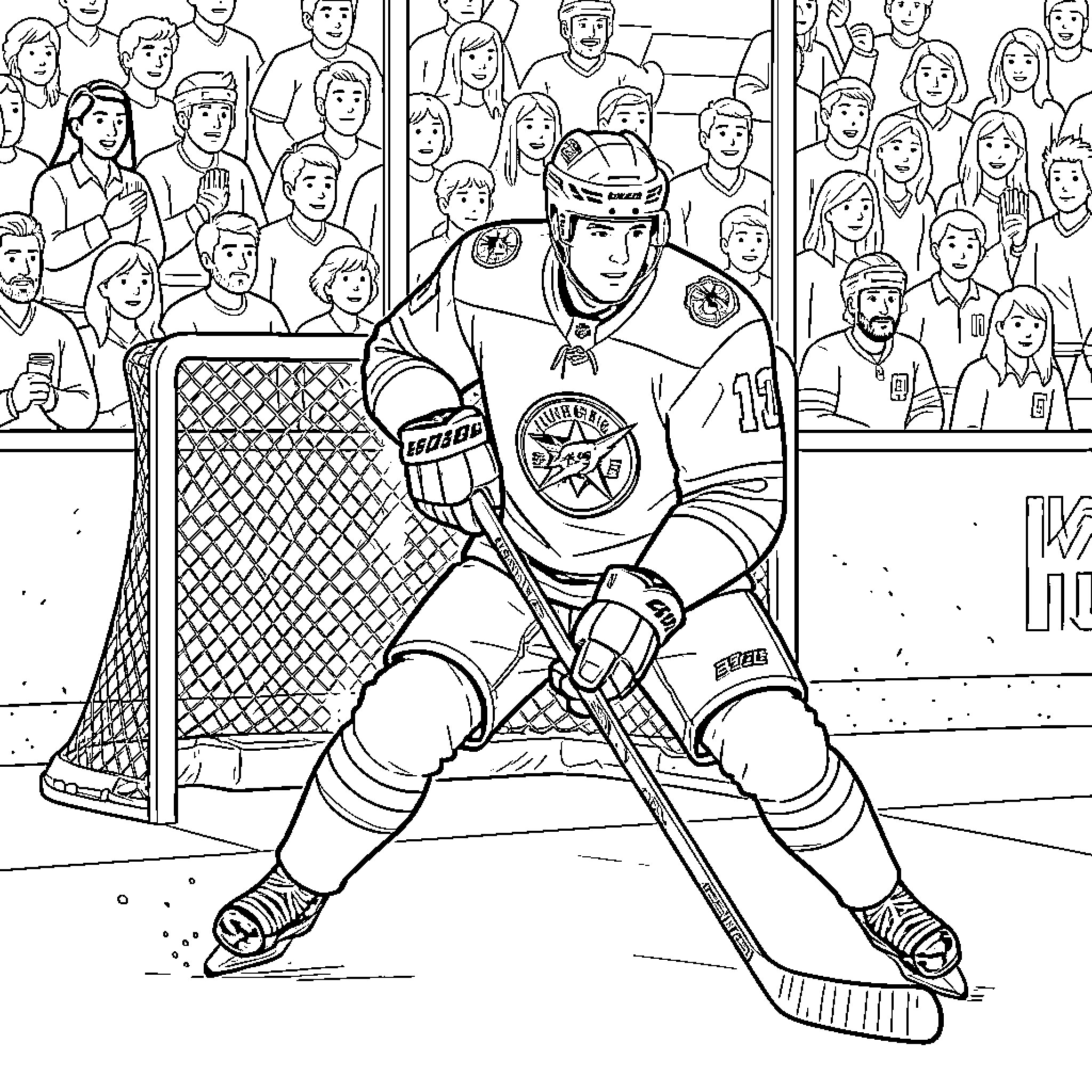 McDavid playing hockey in a crowded arena Coloring Page (free black-and-white line drawing printable PDF for all, from beginners to advanced learners, including children, teens, adults, and seniors)